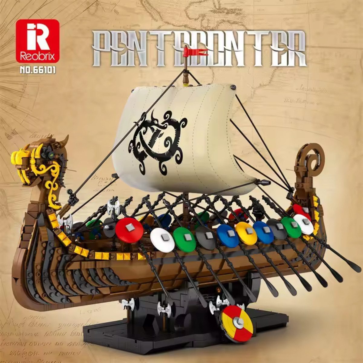 Reobrix 66101 Spielbausteine, (Klemmbaustein Set, 2547 St., Bausatz), Großes Langschiffmodell mit Stoffsegel und Präsentationsständer