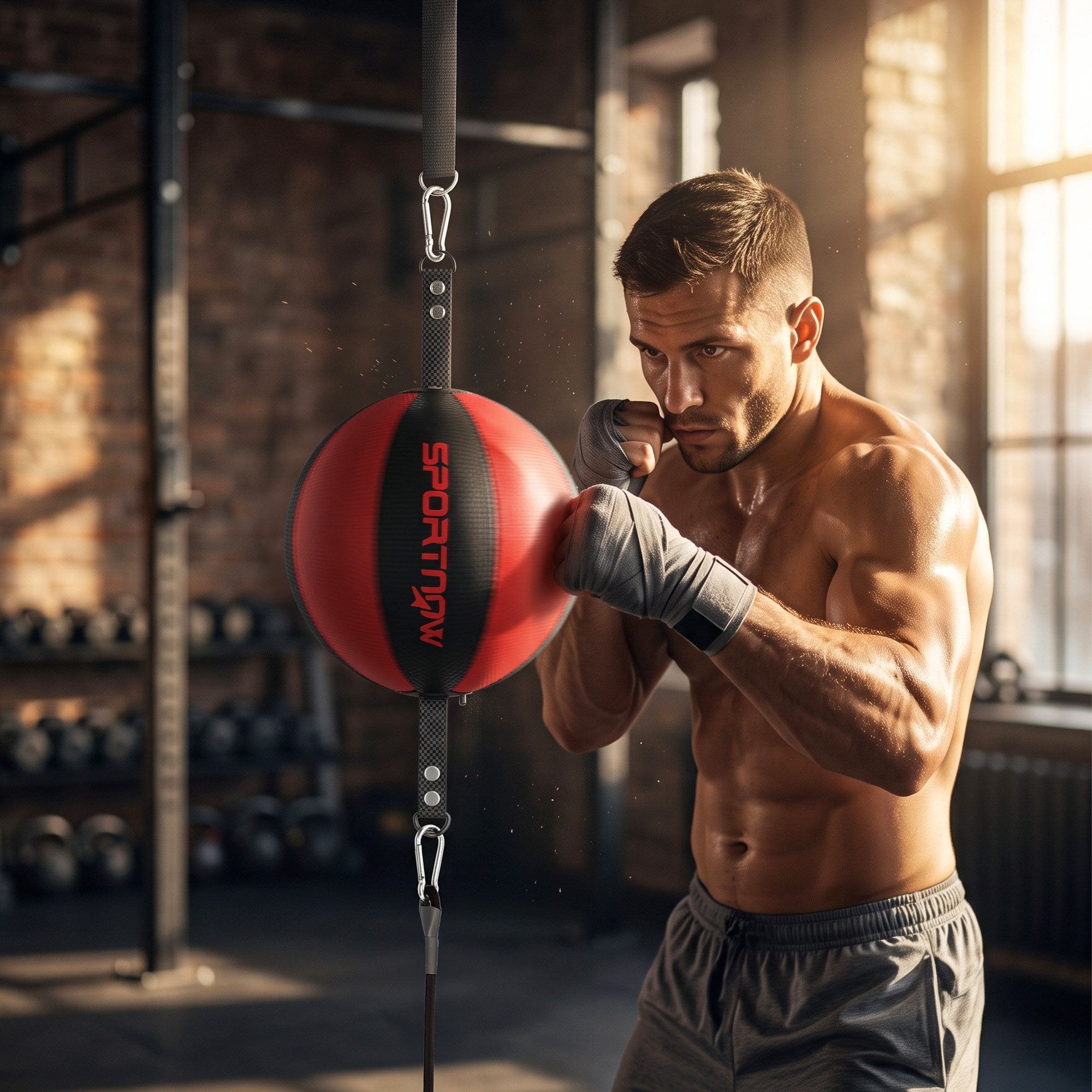 SPORTNOW Standboxsack Doppelendball für Boxen und MMA (Set, 1-tlg., mit Luftpumpe, mit Bungee-Seil), Bohrfreie Clip-on Montage, verstellbarer Rückprall