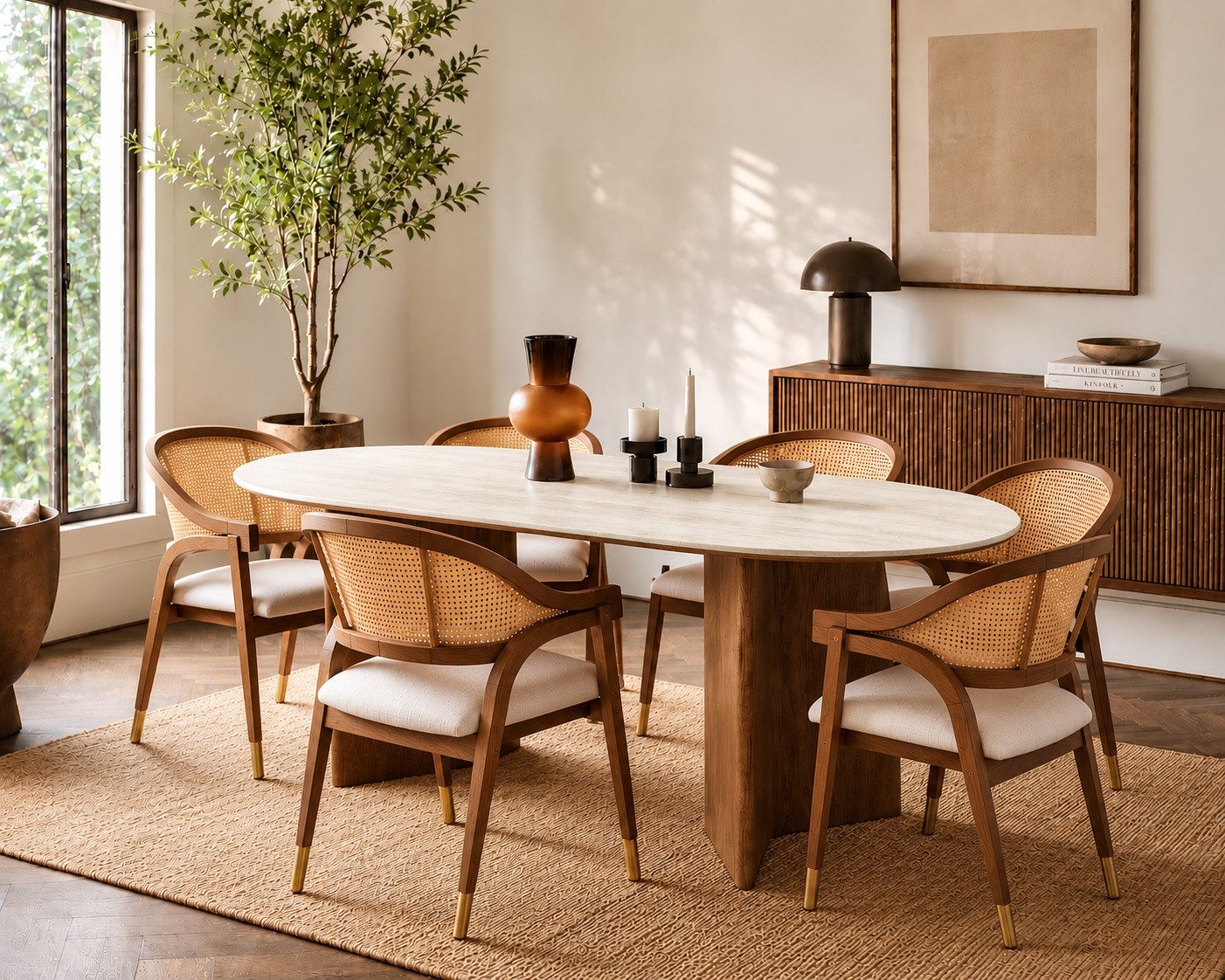 Vintagehaus Essgruppe Tivoli Travertin Keramik 180 + 4 / 200 + 6 Stühle Aureo Walnuss
