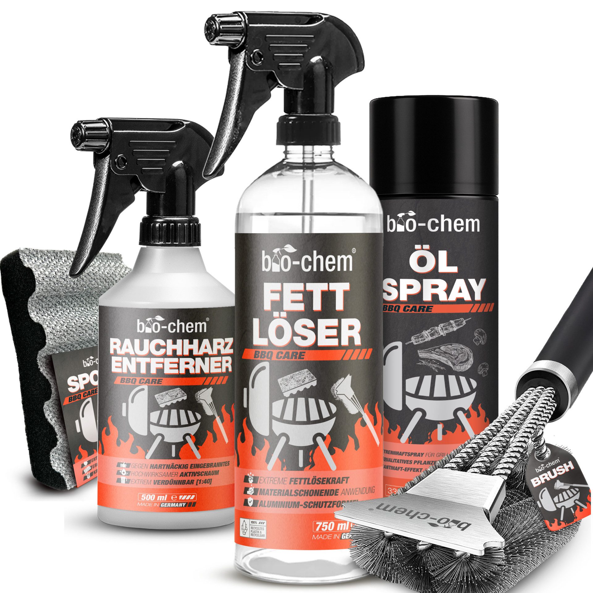 bio-chem Grillreiniger Set – Reinigung & Pflege für Grill, Backofen & Edelstahl Grillreiniger (Sparpaket, [5-St. Grillreiniger Set mit Rauchharz Entferner, Fettlöser & BBQ Öl-Spray Rauchharz Entferner, Fettlöser & Öl-Spray für Grill und Backofen)