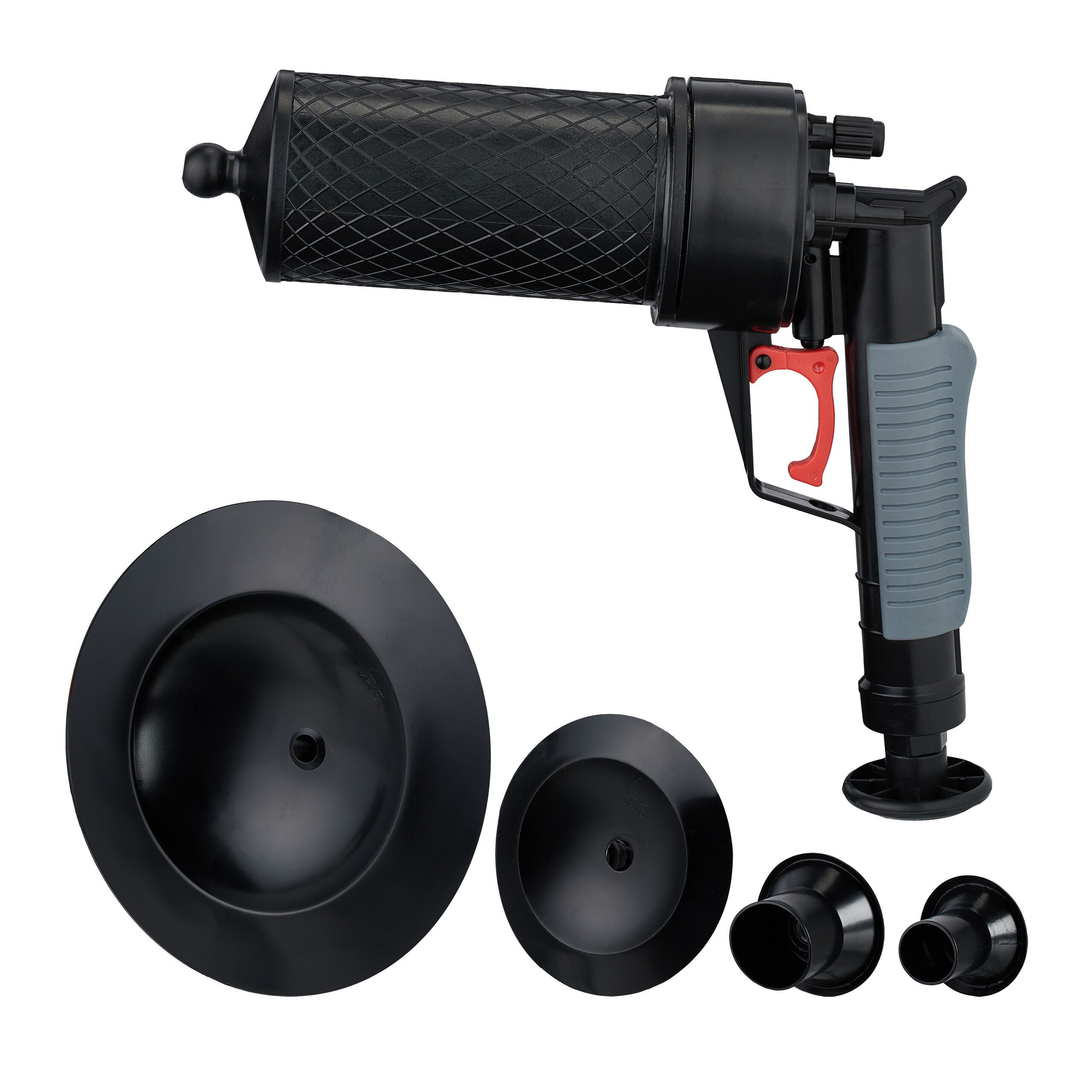 relaxdays Rohrreinigungspumpe Pressluft Rohrreiniger mit 4 Aufsätzen, L: 30 cm
