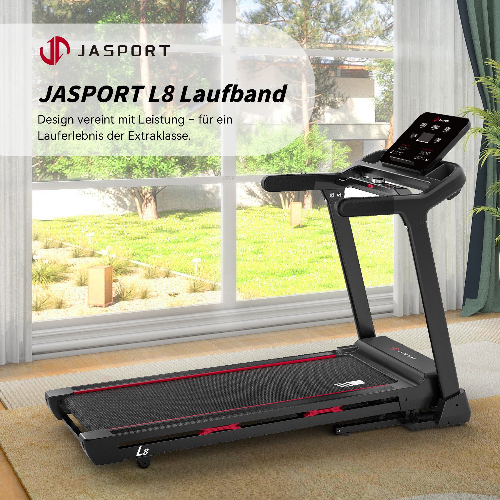 JASPORT Laufband L8 Elektrisches Laufband klappbar (4.0 PS DC-Motor, bis 22 km/h, 20-stufige Steigung, LED-Display), 4.0 PS Motor, 1–22 km/h, 20-stufige Steigung, 145×48 cm Fläche