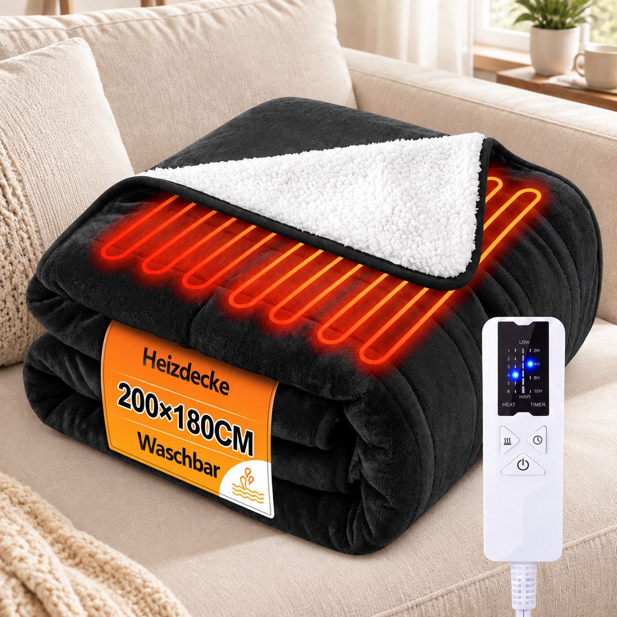 Nettlife Heizdecke Elektrisch mit 6 Heizstufen & Timer,Waschbare,Schwarz, für Bett, Sofa & Camping( 200x180 cm/180x130cm) , mit Überhitzungsschutz,Einfache Reinigung