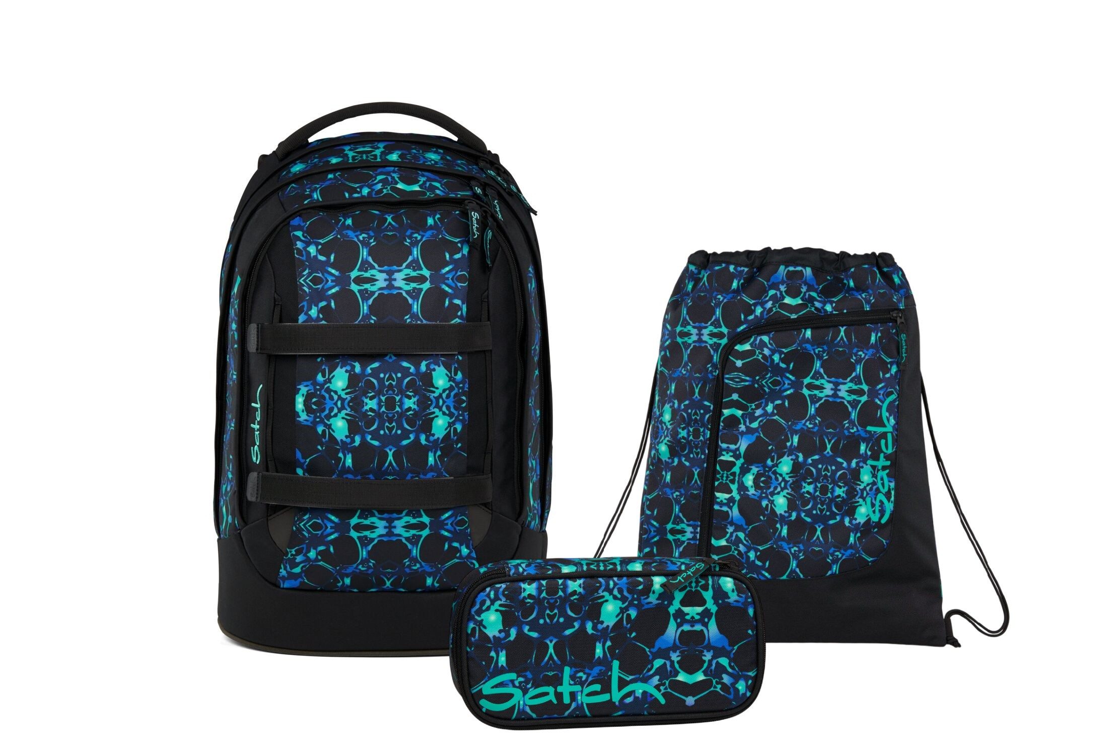 Satch Schulranzen Schulrucksack-Set PACK Caleido Blue 3-teilig (3-teilig), ergonomisch, Your-Size-System: auf Körpergröße anpassbar