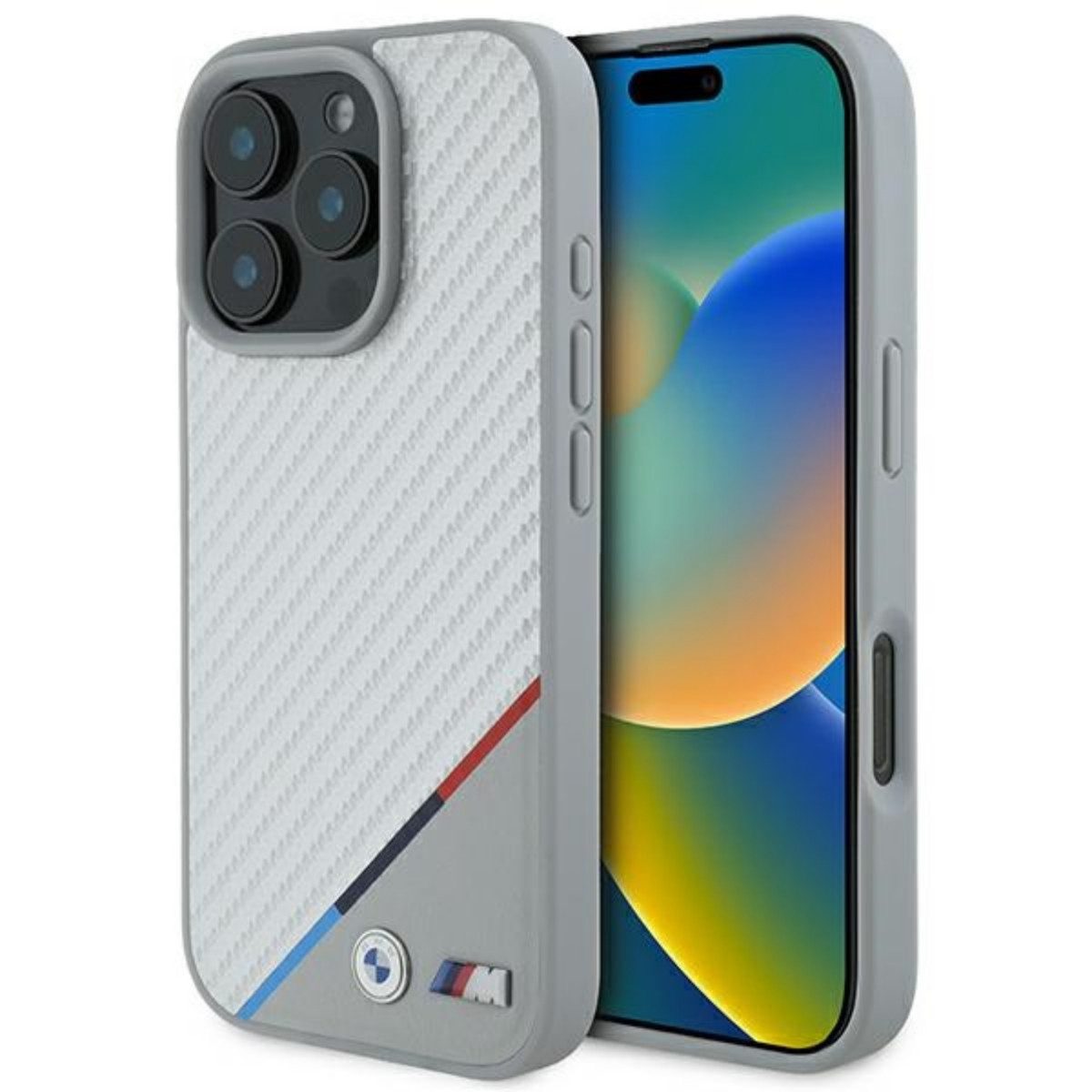 BMW Handyhülle Carbon Tricolor mit Magnetfunktion Kompatibel mit iPhone 16 Pro Grau 6,3, Carbonhülle mit Tricolor Linie integrierter Magnetfunktion Rahmen