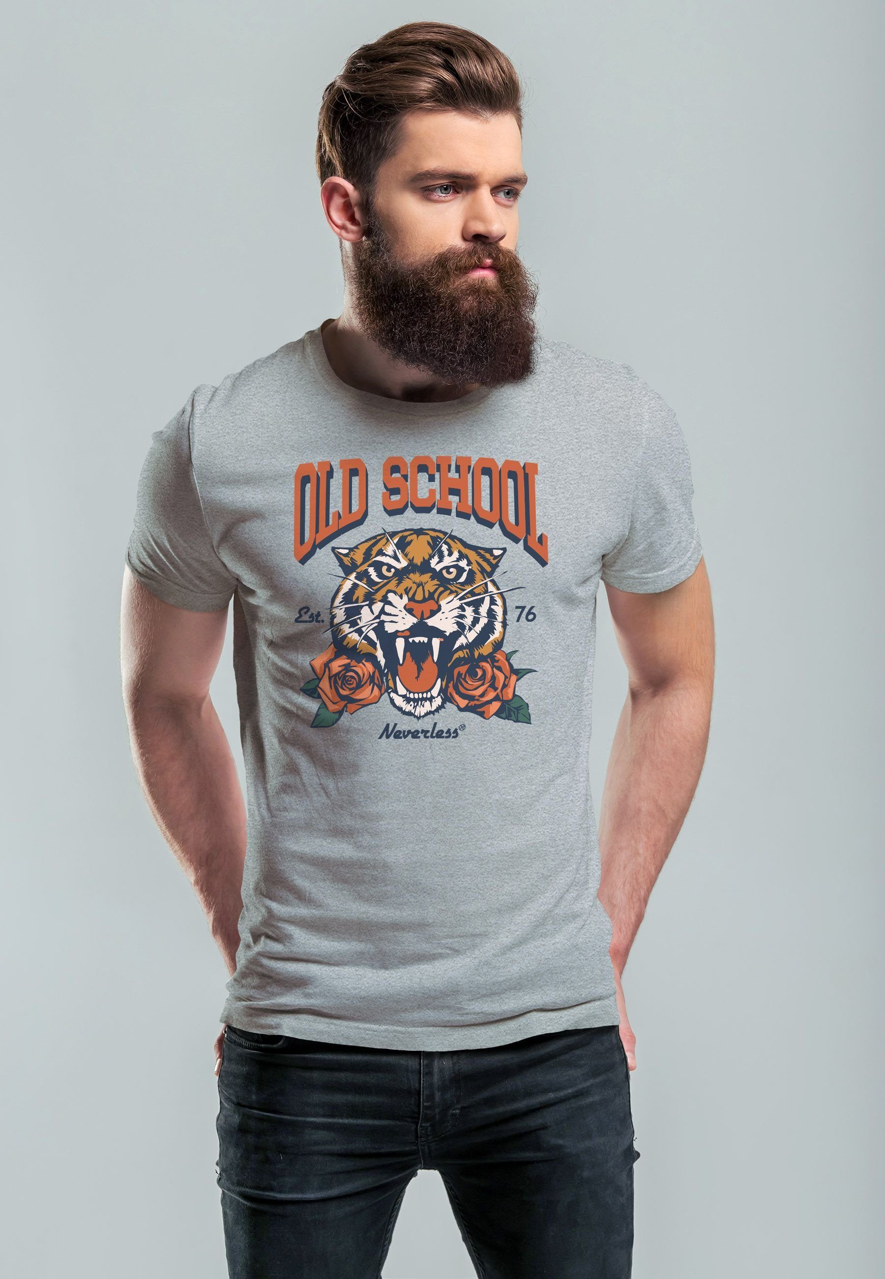 School Tiger Print Fashion T-Shirt Old Stre Herren Retro Print-Shirt Rosen mit Vintage grau Print Neverless