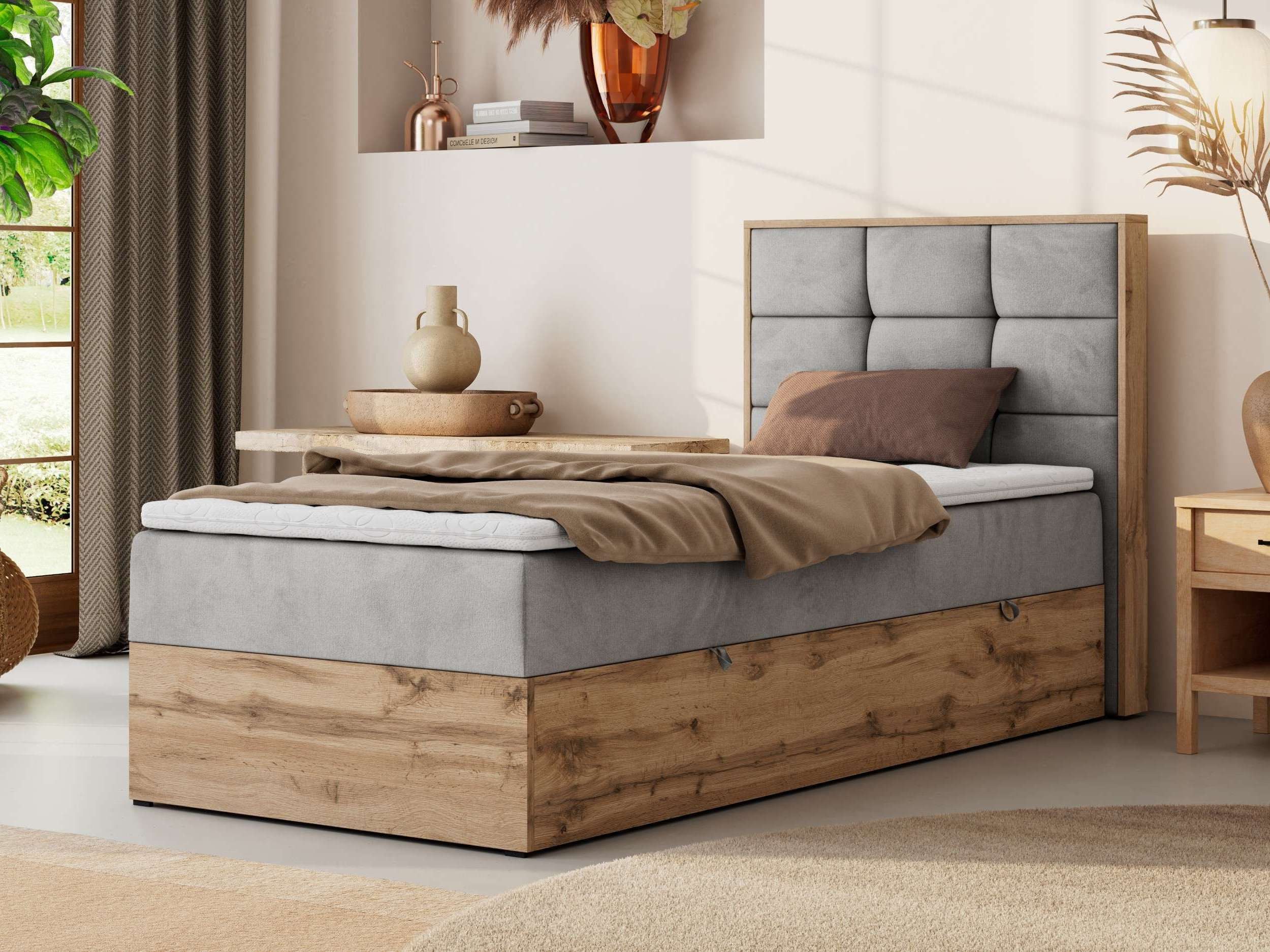 MKS MÖBEL Boxspringbett ALBERO 1 90x200 cm (Set, Packung, Topper T25/Visco, Stauraum, Matratzen, Bettkasten, T30-Schaum), Einzelbett, Multipocket-Matratzen, Möbelplatten, Praktisch