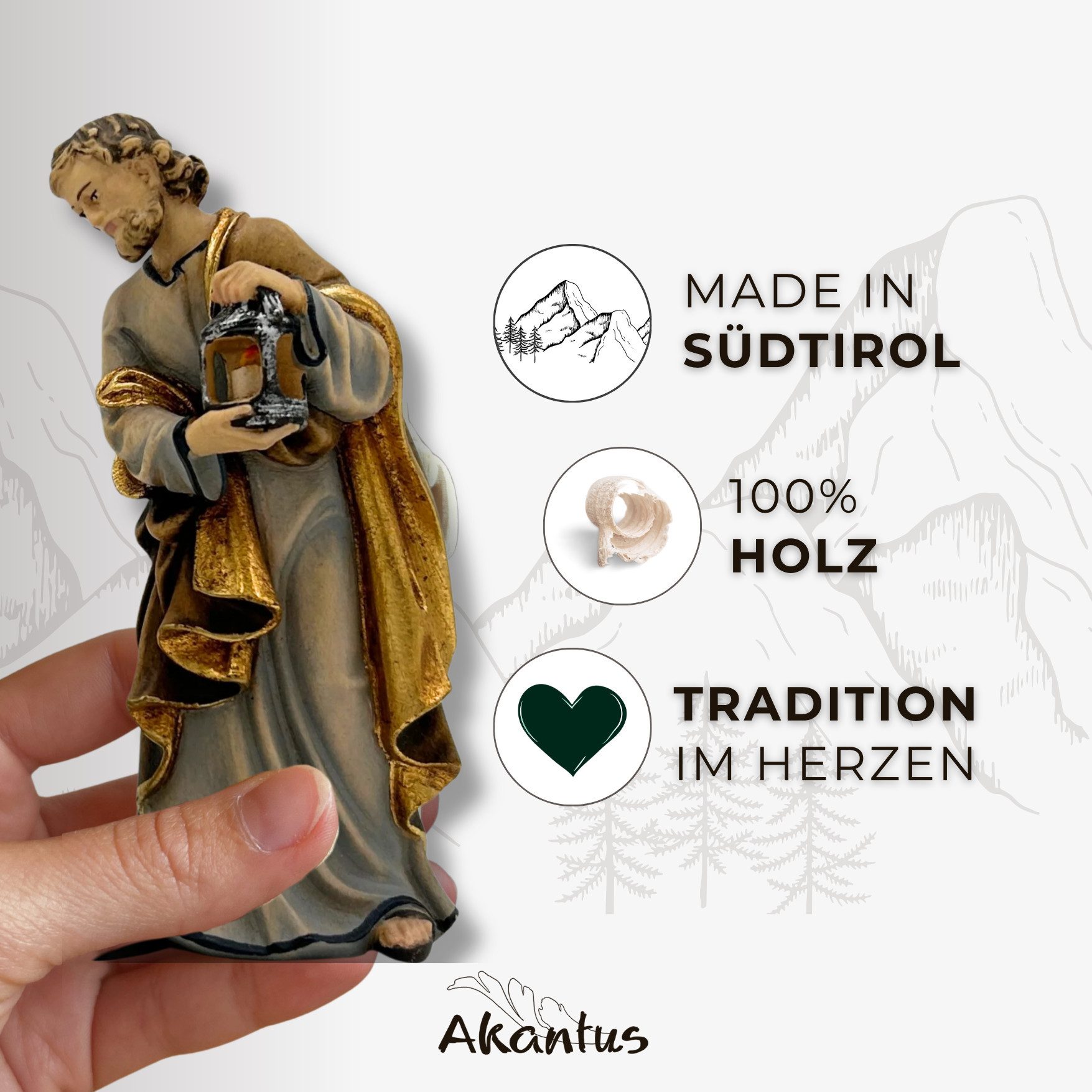 Akantus Krippe Kostner Krippenfiguren aus Holz: Heilige Familie, Holzgeschnitzt, handbemalt