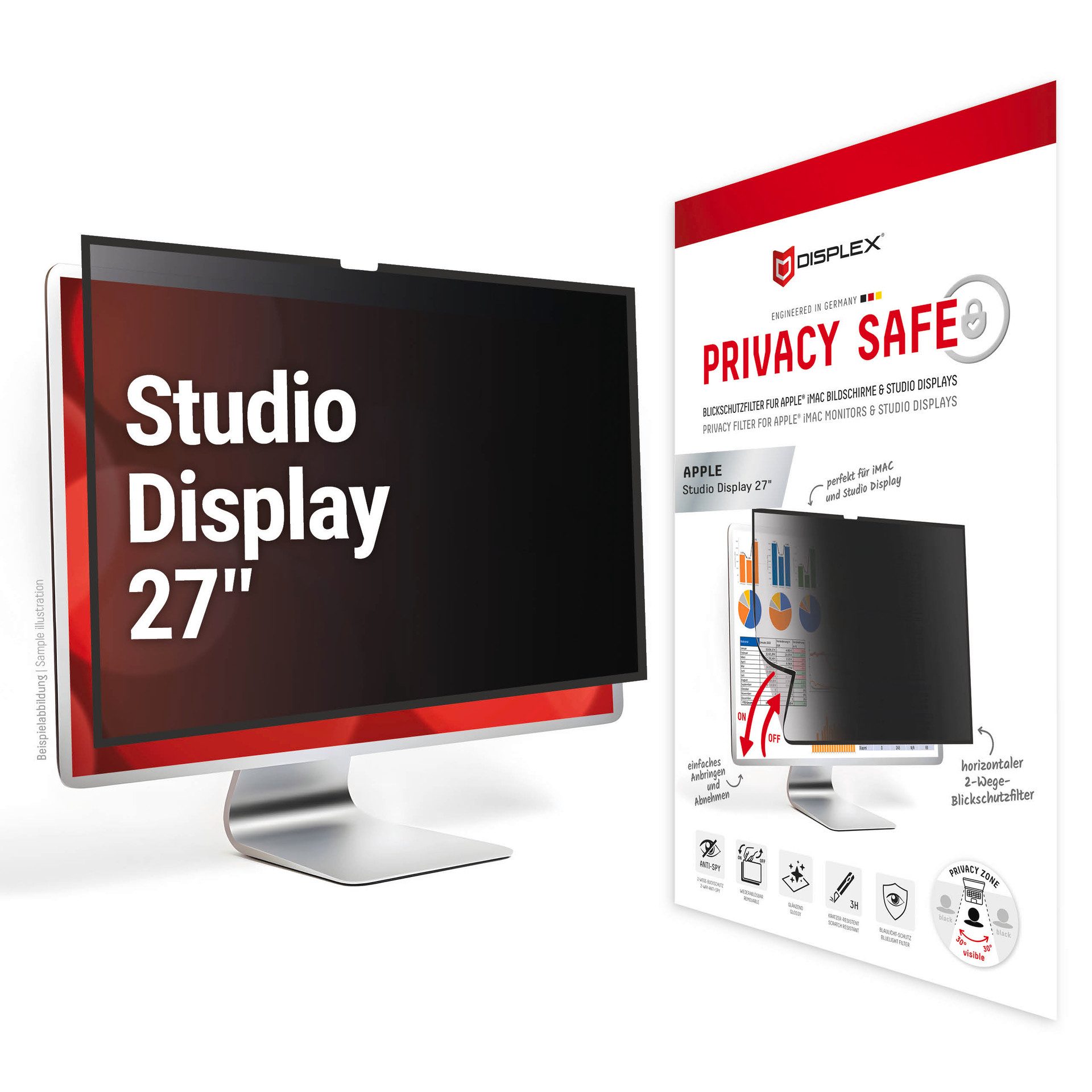 Displex Displayschutzfolie Privacy Safe Blickschutzfilter für Apple Studio Display 27, Blickschutzfolie, Schutzfolie, Bildschirmschutz, kratz- & stoßfest