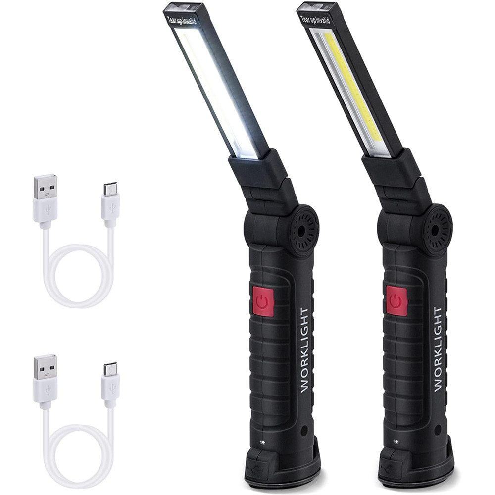 AFKSMILE LED Arbeitsleuchte 2 Stück LED Arbeitsleuchte, Werkstattlampe mit Magnetfuß & Haken, 5 Modi USB Taschenlampe für KFZ Reparatur, Werkstatt, Camping, Notfall