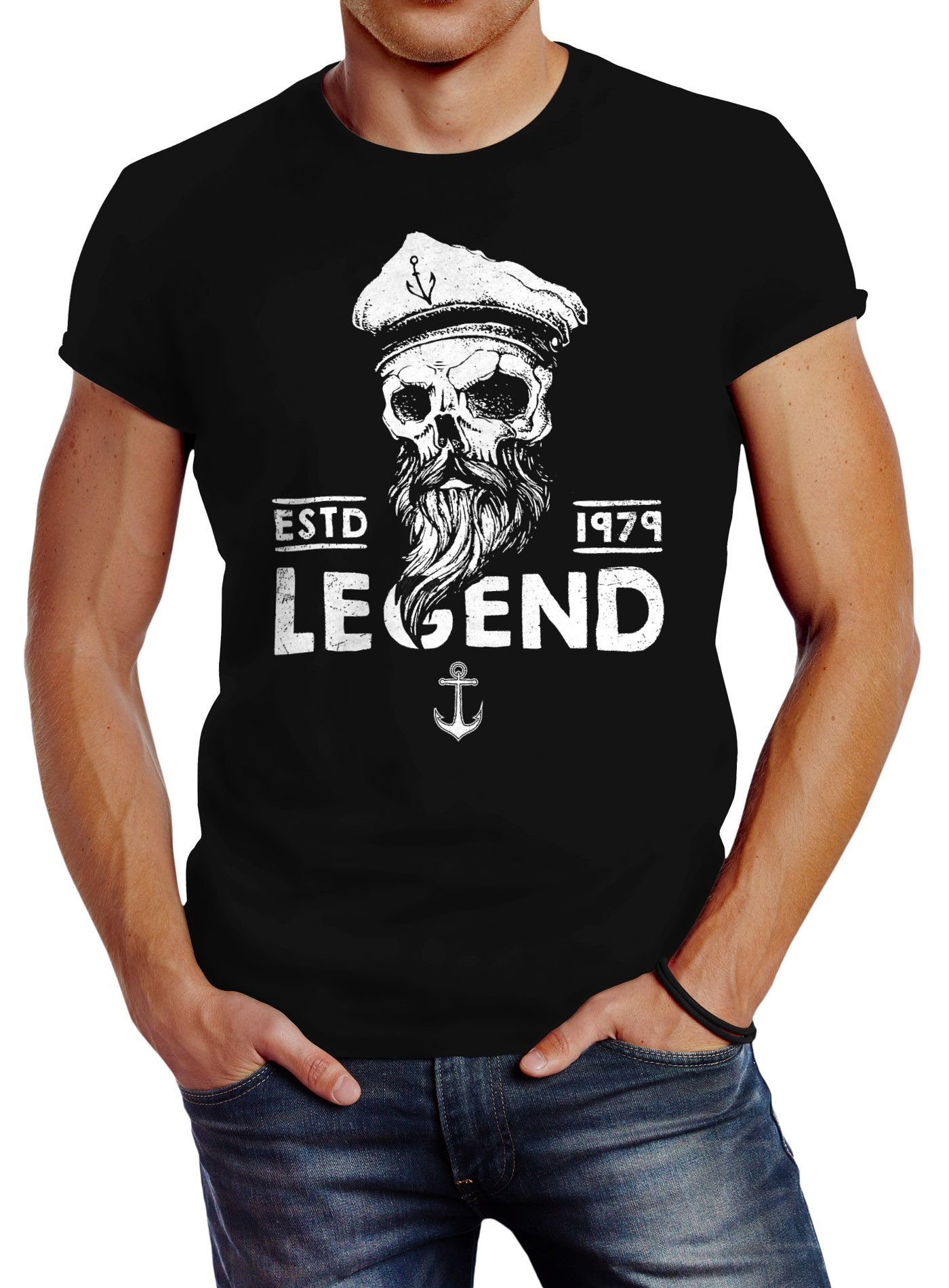 Neverless Print-Shirt Herren Kapitän Print mit Captain Skull Bart Totenkopf Fit Slim schwarz Neverless® T-Shirt Legend