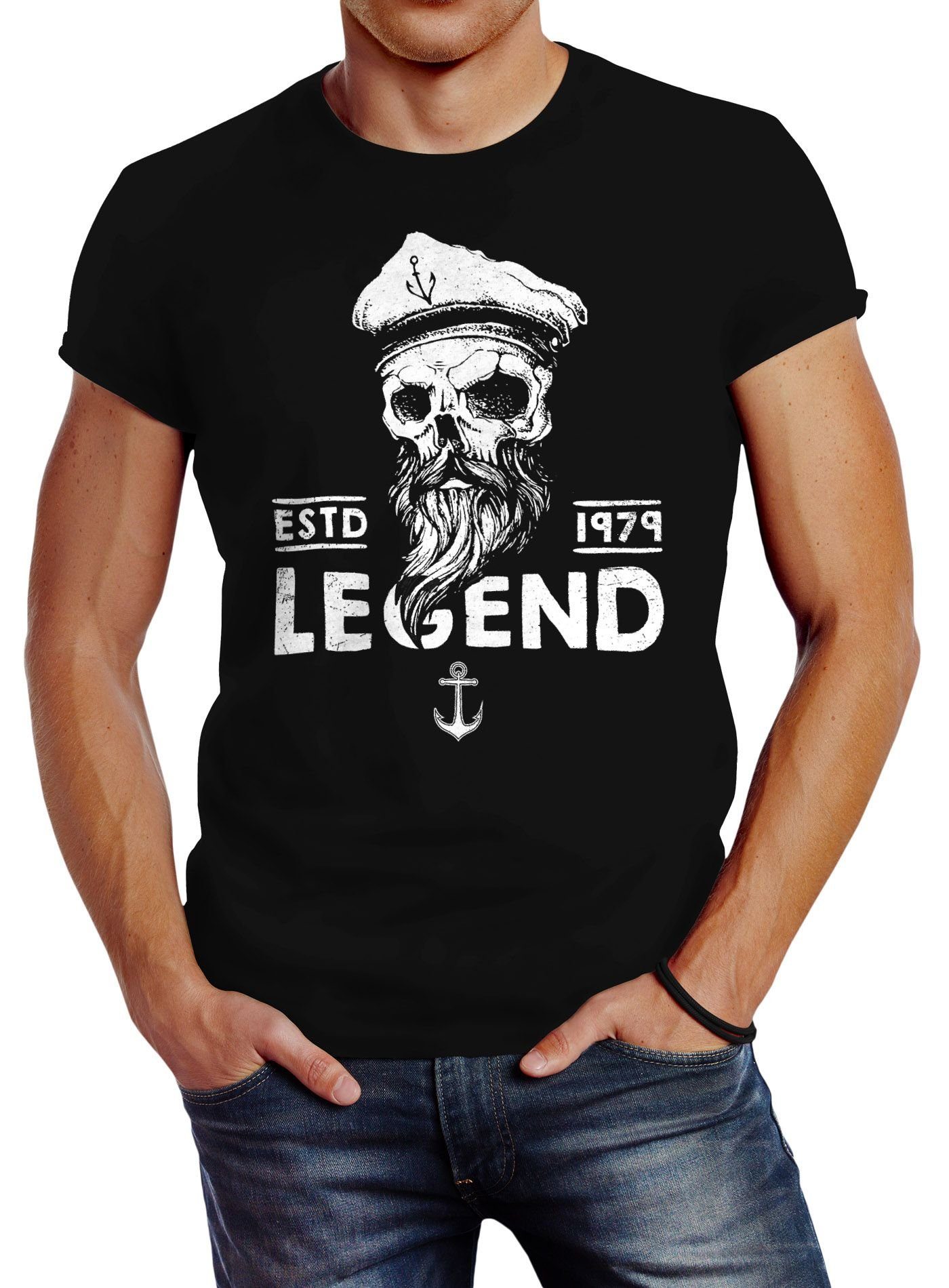 Neverless Print-Shirt Herren Neverless® Kapitän Skull mit Slim T-Shirt schwarz Legend Fit Bart Print Captain Totenkopf