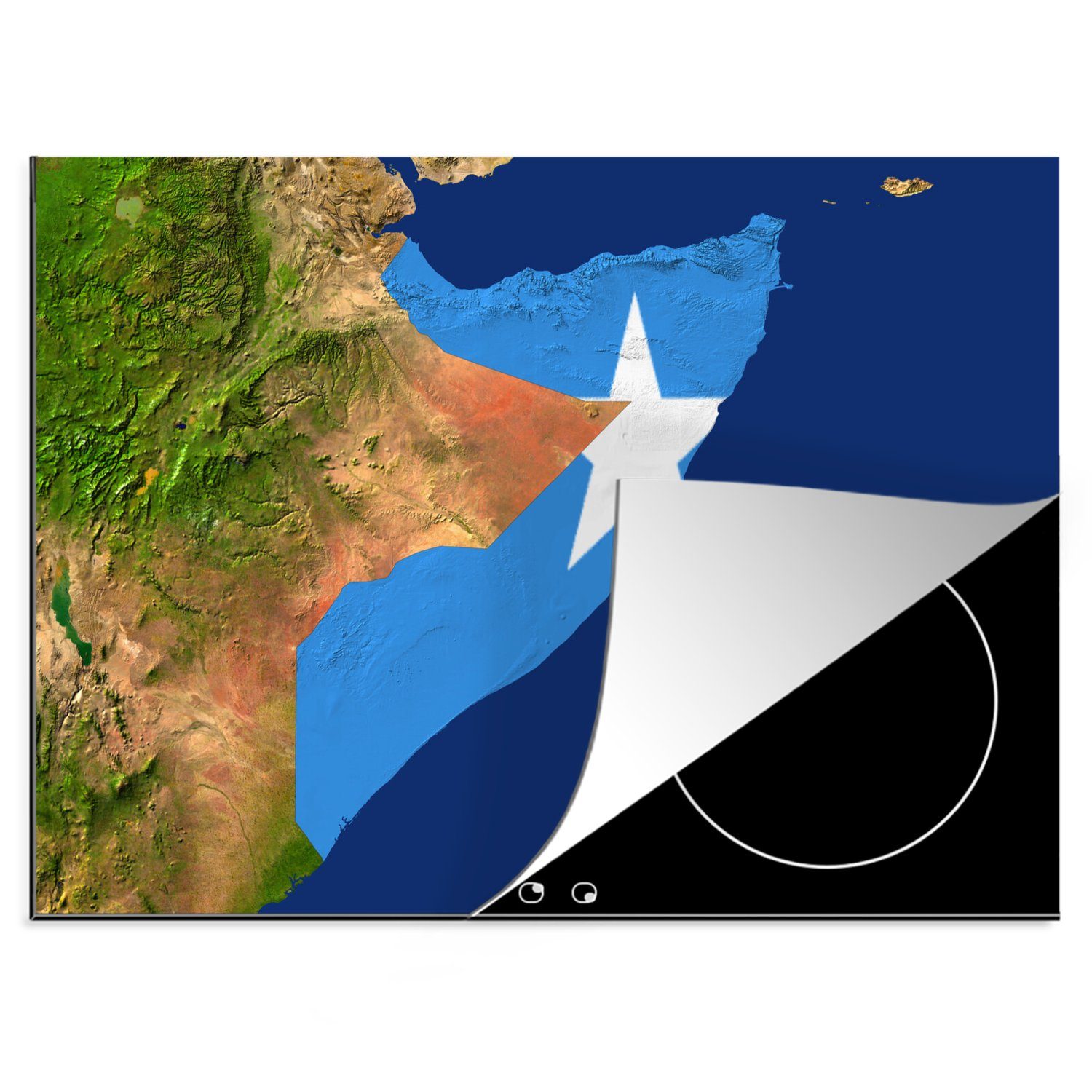 MuchoWow Herdblende-/Abdeckplatte Satellitenbild von Somalia mit der Flagge des Landes darüber, Vinyl, (1 tlg), 70x52 cm, Mobile Arbeitsfläche nutzbar, Ceranfeldabdeckung