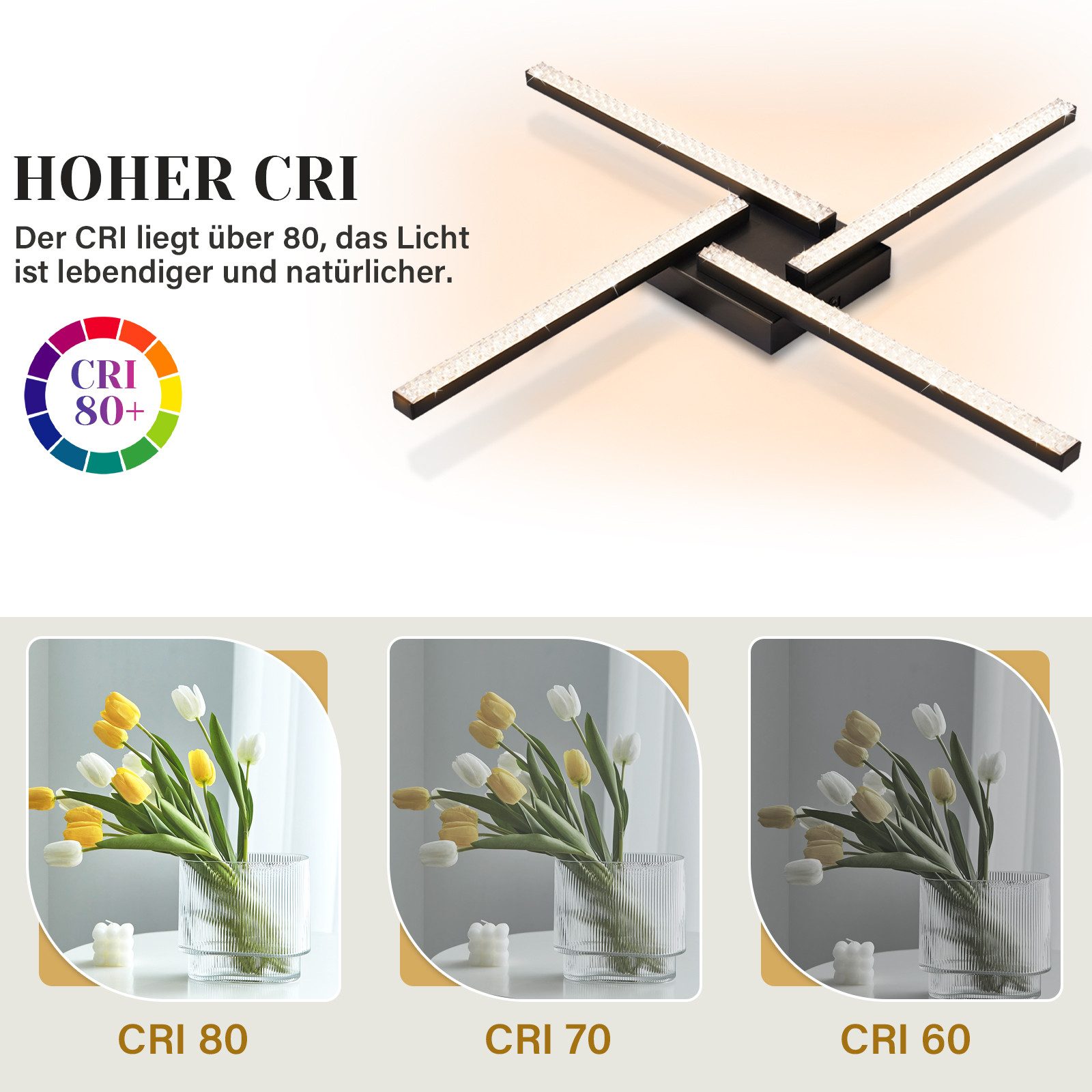 Nettlife LED Deckenleuchte Flur Wohnzimmer Schwarz modern Kristall Deckenlampe 12/24W, LED fest integriert, Warmweiß, Kristalle 24W 56.6*56.6*5.3cm für Wohnzimm – Bild 5 von 5