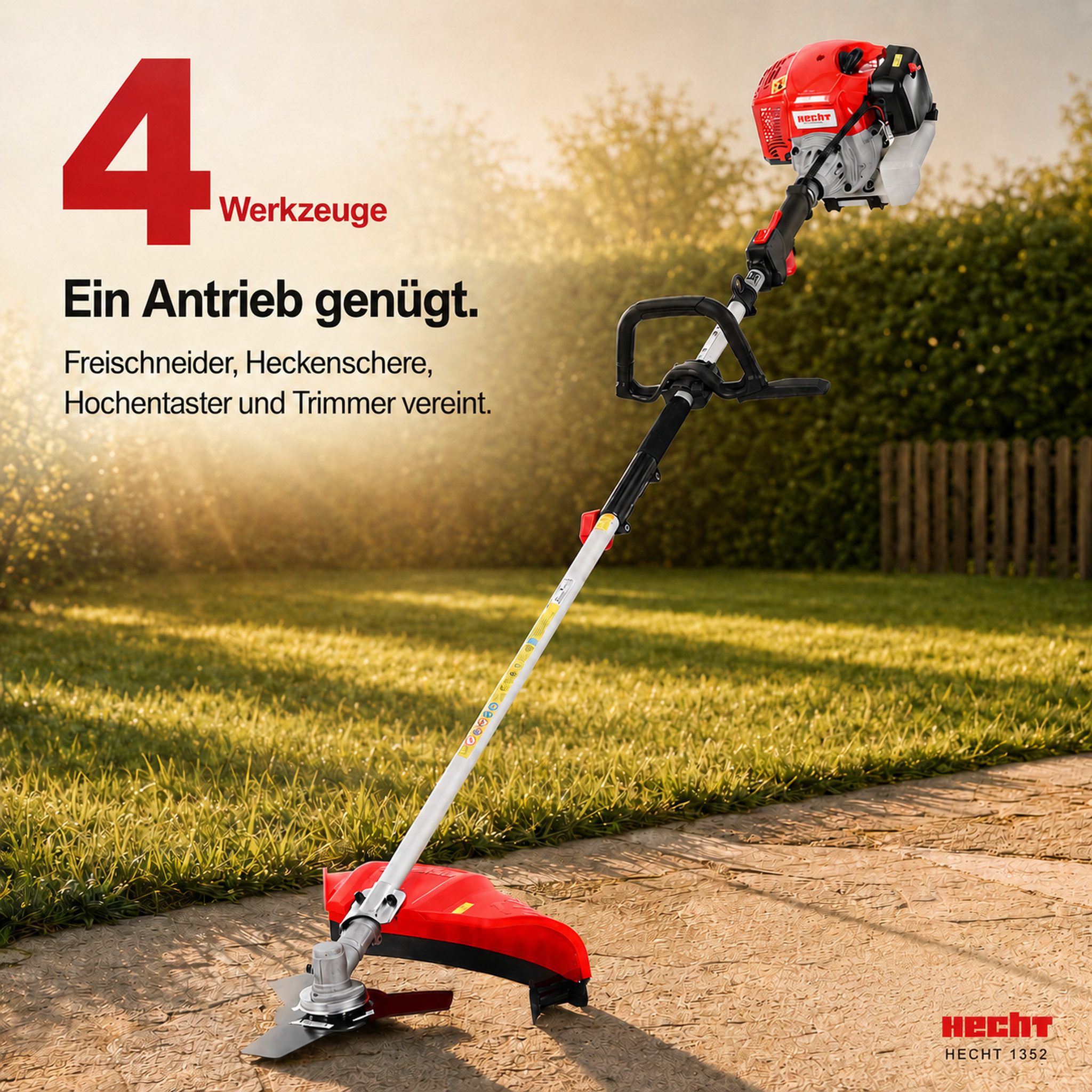 Hecht Benzin-Motorsense Freischneider Hochentaster Heckenschere Multitool 1352, 25,5 cm cm Arbeitsbreite Messer, 43 cm cm Arbeitsbreite Faden, 4-in-1, 1,97 PS, Tragegurt und Verlängerung