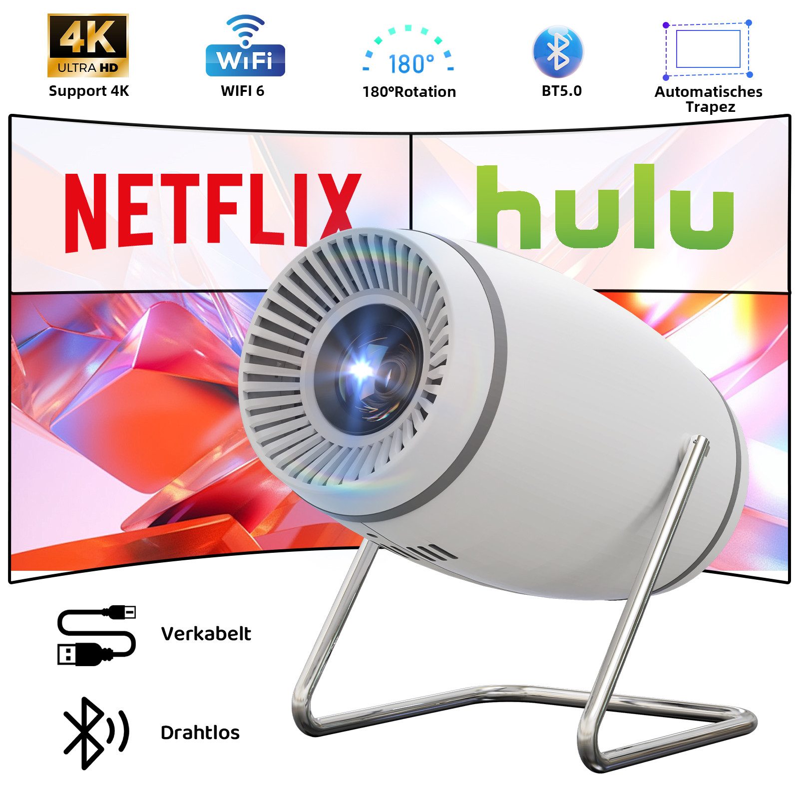 BUFO 4K Mini Beamer Portable 130 Zoll, 180° Rotatable, Auto Keystone Portabler Projektor (1500:1, 1280 x 720 px, Mini Beamer mit HDMI/TV Stick/USB / PS5 (L), WiFi 6 und Bluetooth 5.4)