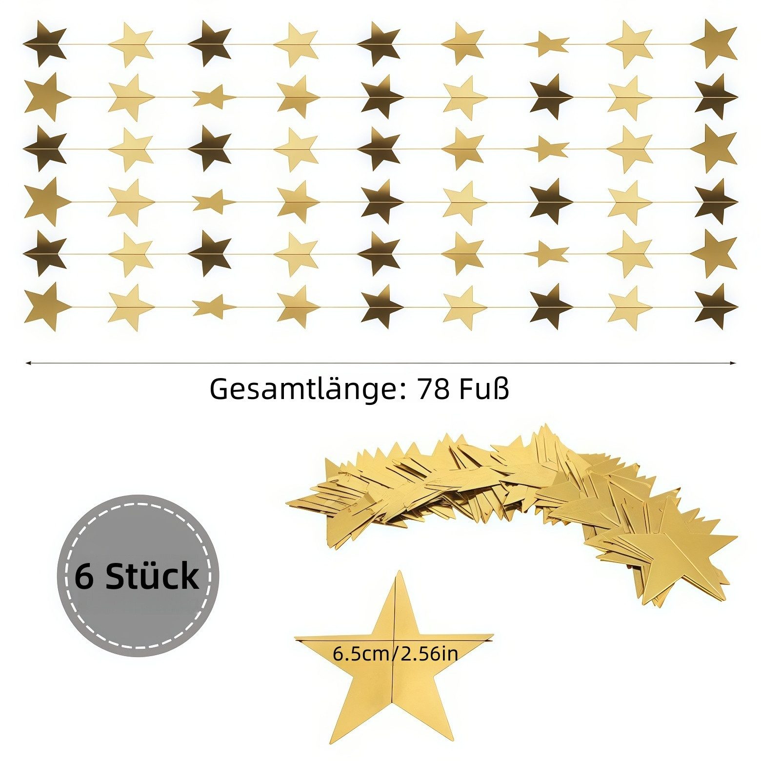 FOUORTUNATE-BEE Hängedekoration 6er Set Glitzer-Stern-Girlanden je 4 m in Gold (6 St), Hängende Stern-Deko für Geburtstag, Hochzeit & Party