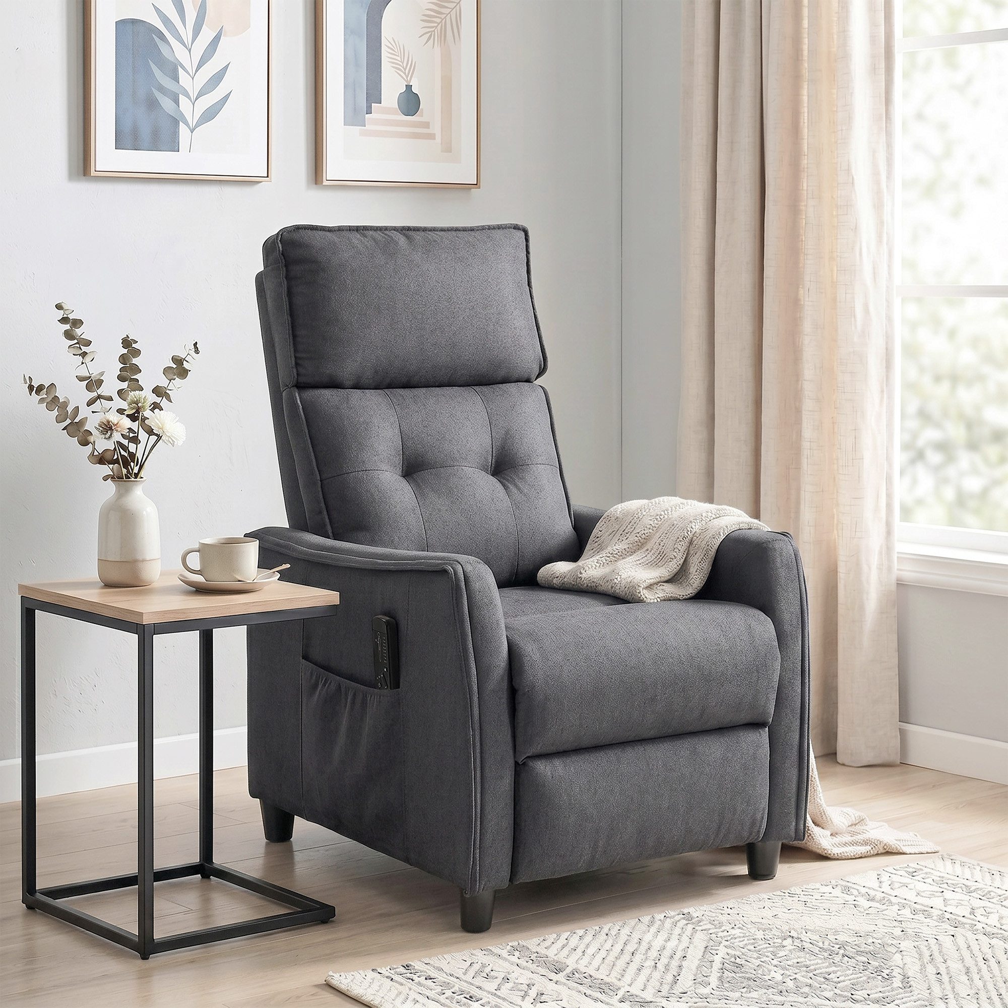OKWISH Relaxsessel 69x93x104cm mit Vibrationsmassage, Fernsehsessel, Leinen-Optik Grau (1-St., komfortabler Sessel für Wohnzimmer, modern, stabil, Polstersessel), klappbar mit Liegefunktion, Federpolsterung, integrierte Fußstütze