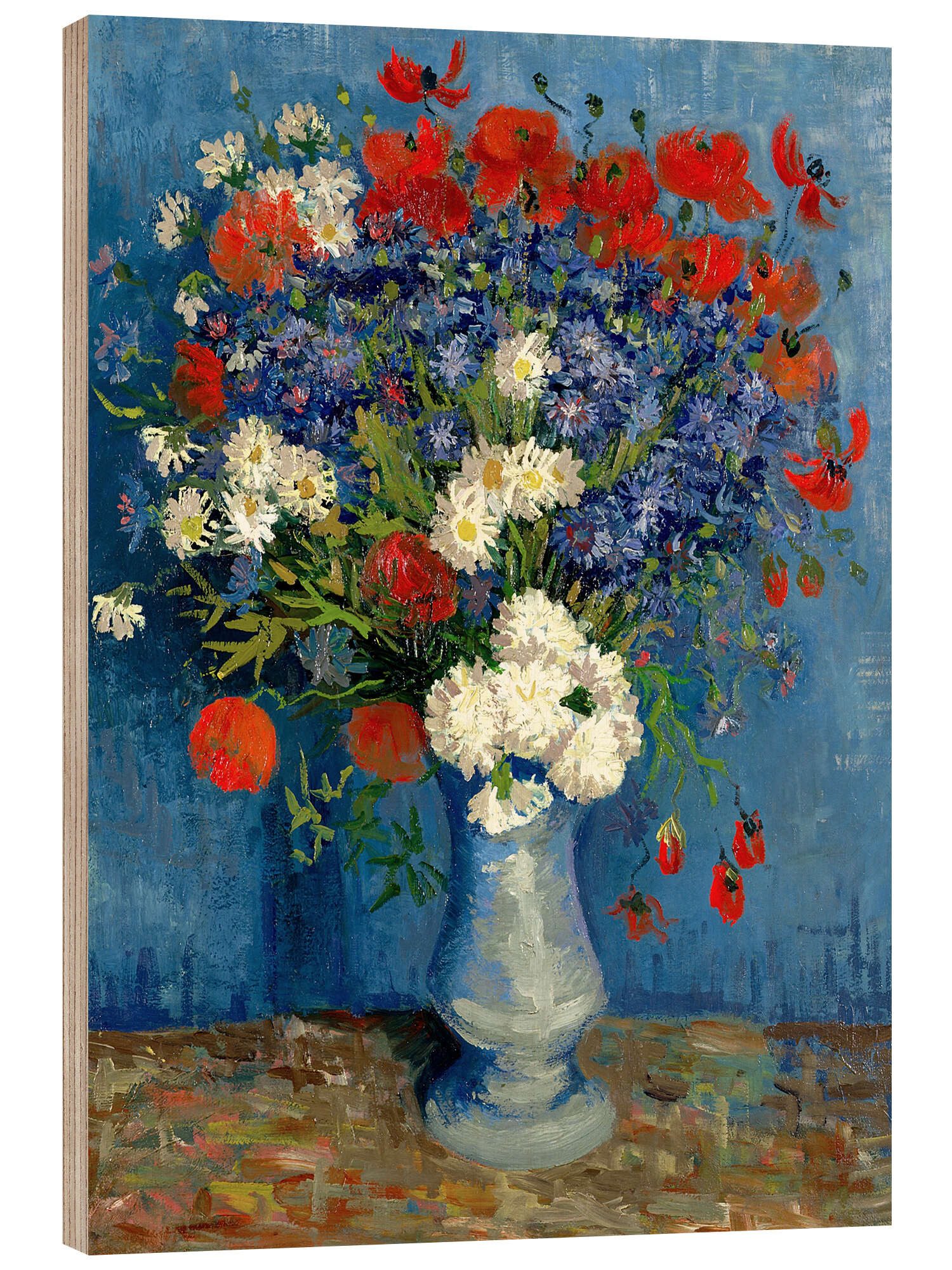 Posterlounge Holzbild Vincent van Gogh, Vase mit Kornblumen und Mohn, Wohnzimmer Malerei