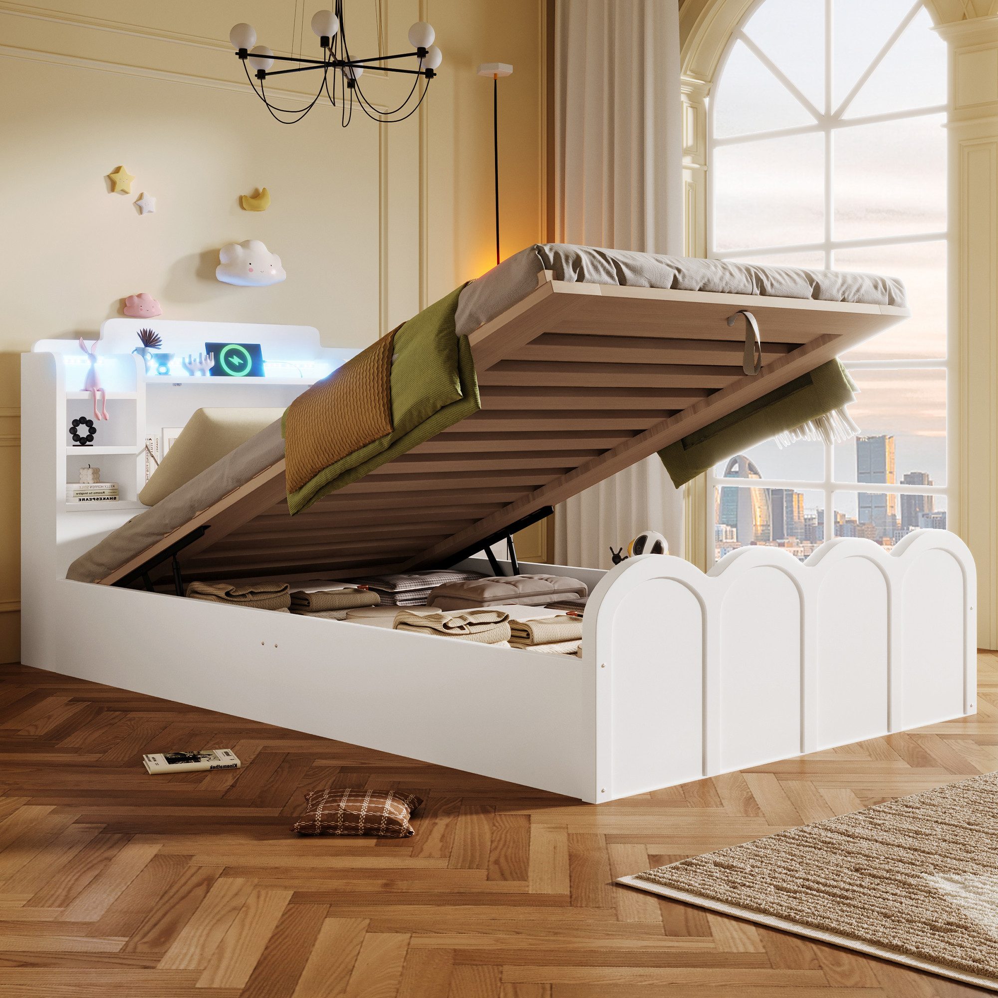 Odikalo Polsterbett 90x200 140x200 Bodenbett mit Bettkasten und LED (Paneelbett, Hydraulische, Mit USB Typ-C Ladefunktion, LED-Beleuchtung, Drucktaste/Appdienung, Ohne Matratze, Flip-Top-Aufbewahrungsfach, Multifunktionale Aufbewahrung)