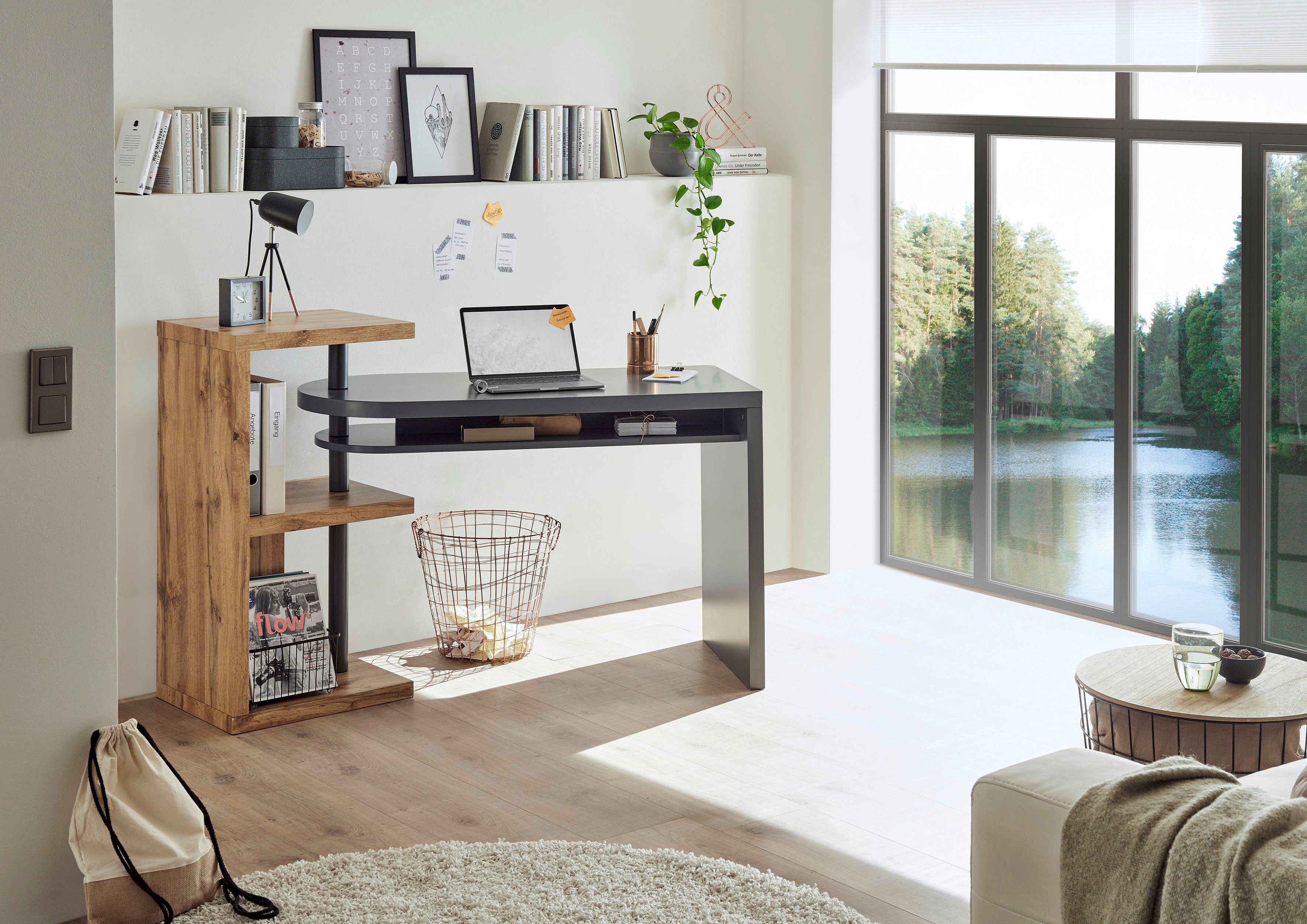 MCA furniture Schreibtisch Moura, mit Regalelment weiß hochglanz, Tischplatte schwenkbar, Breite 145 cm