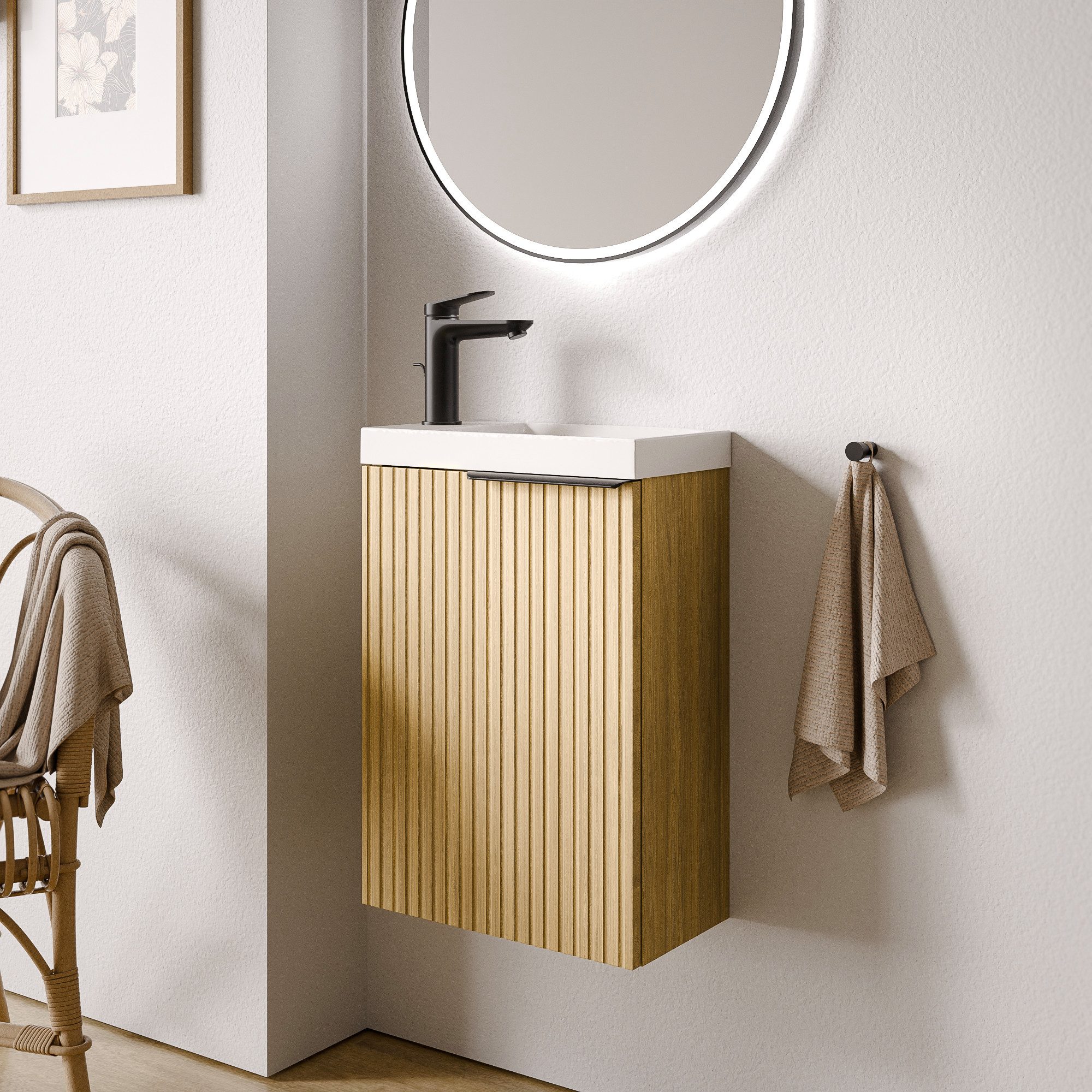 Bernstein Waschtisch-Set TIM 40, (Waschtisch-Set, 2-St., Waschtischunterschrank; Waschbecken), Waschbecken; Mit 1 Hahnloch; Ohne Überlauf; Soft-Close