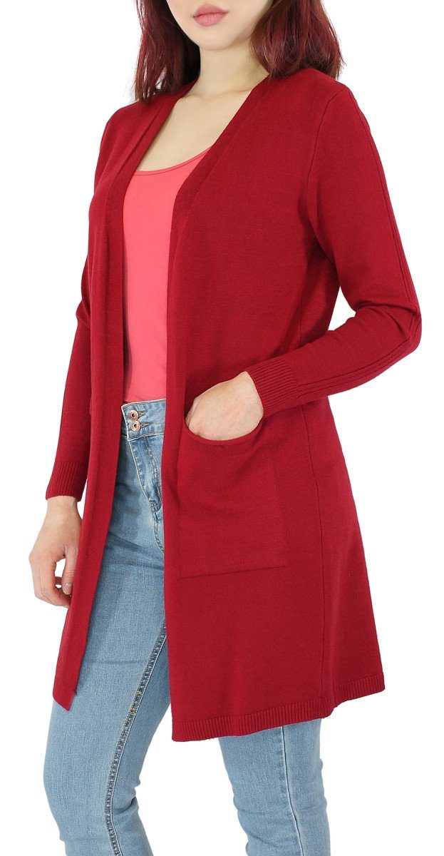 dy_mode Cardigan Damen Strickjacke Langarm Strick Cardigan Lang Strickmantel Offen in Unifarbe, mit Taschen