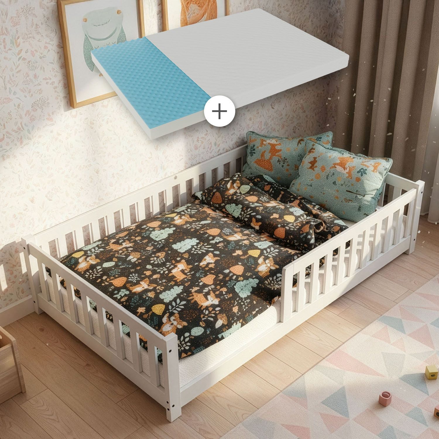 Juskys Kinderbett Naya, 120x200 cm Bodenbett, Holz, mit Matratze, Rausfalls günstig online kaufen