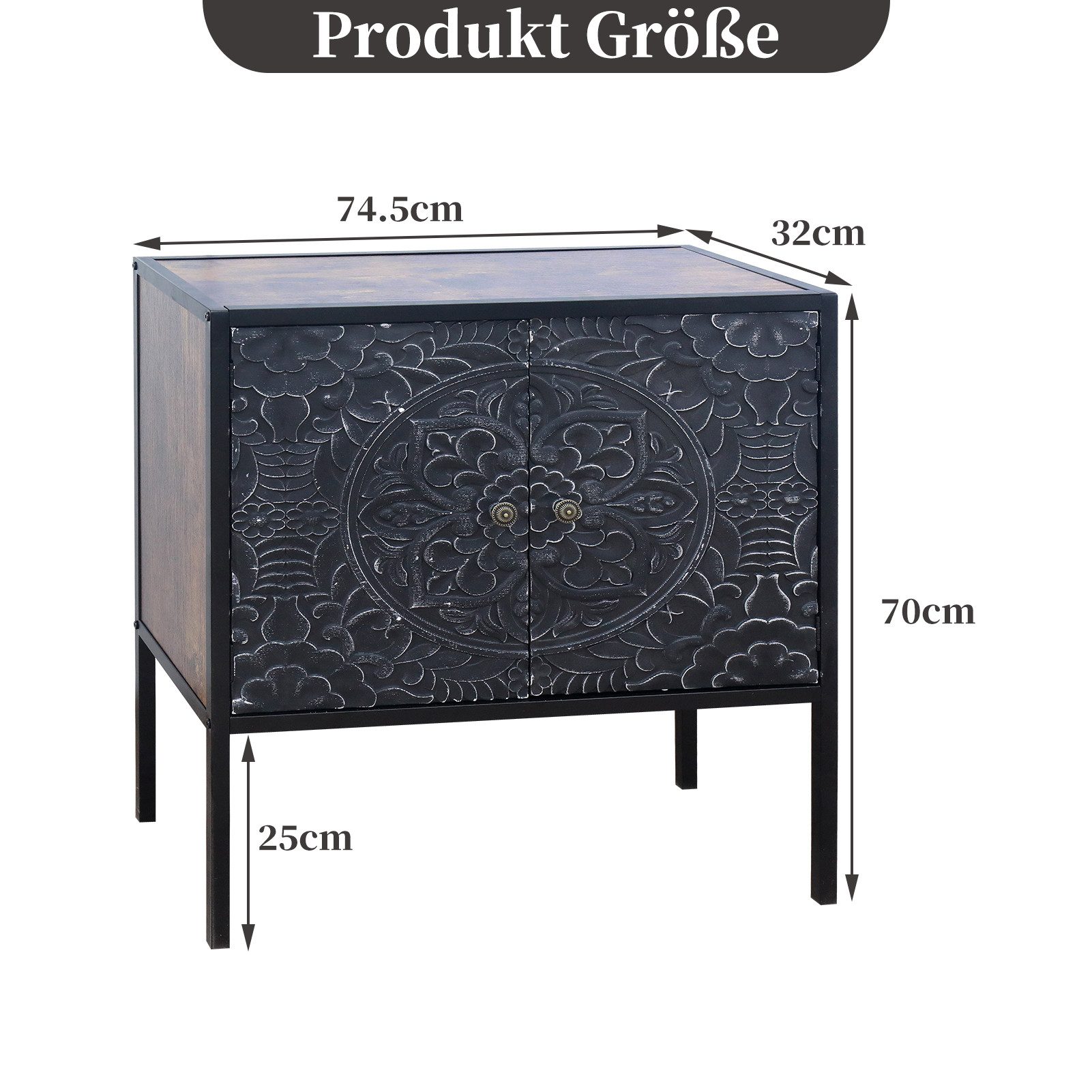 G-LEAF Kommode Aufbewahrungsschrank in Vintage Boho Stil, mit 2 geschnitzten Türen, mit verstellbarem Regal, Holzplatte und Metall-Beinen, 74.5×32×70cm