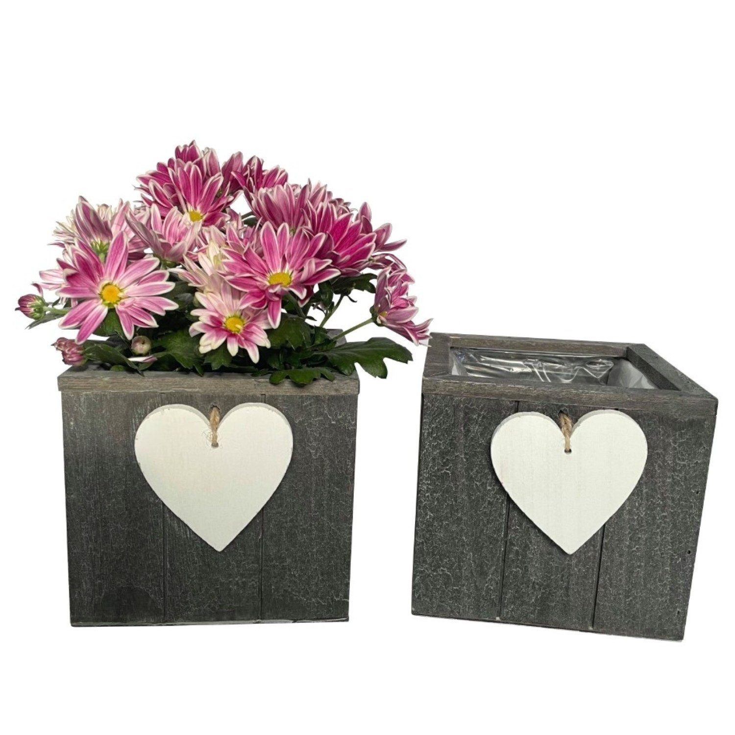 Online-Fuchs Blumentopf für draußen geeignet - 2er Set Blumenkasten aus Holz mit Herz (Weiß oder Grau, 15 x 15 cm groß), Dekoration für Wohnzimmer, Garten, Balkon oder Terrrasse