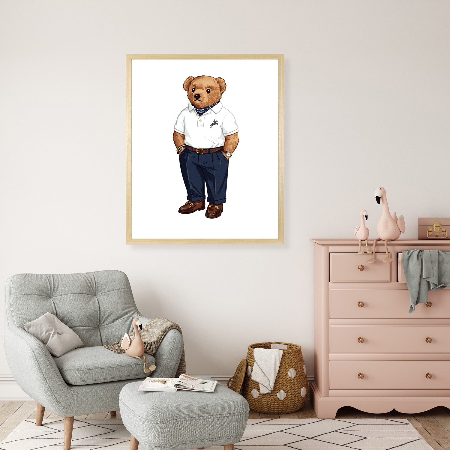 queence Bild mit Rahmen Vintage Polo Club Teddy Bär, Bär, Bären, Fashion, Figuren, Mode, Modebilder, HD Premium Poster-Druck inkl. Echtholzrahmen in beige