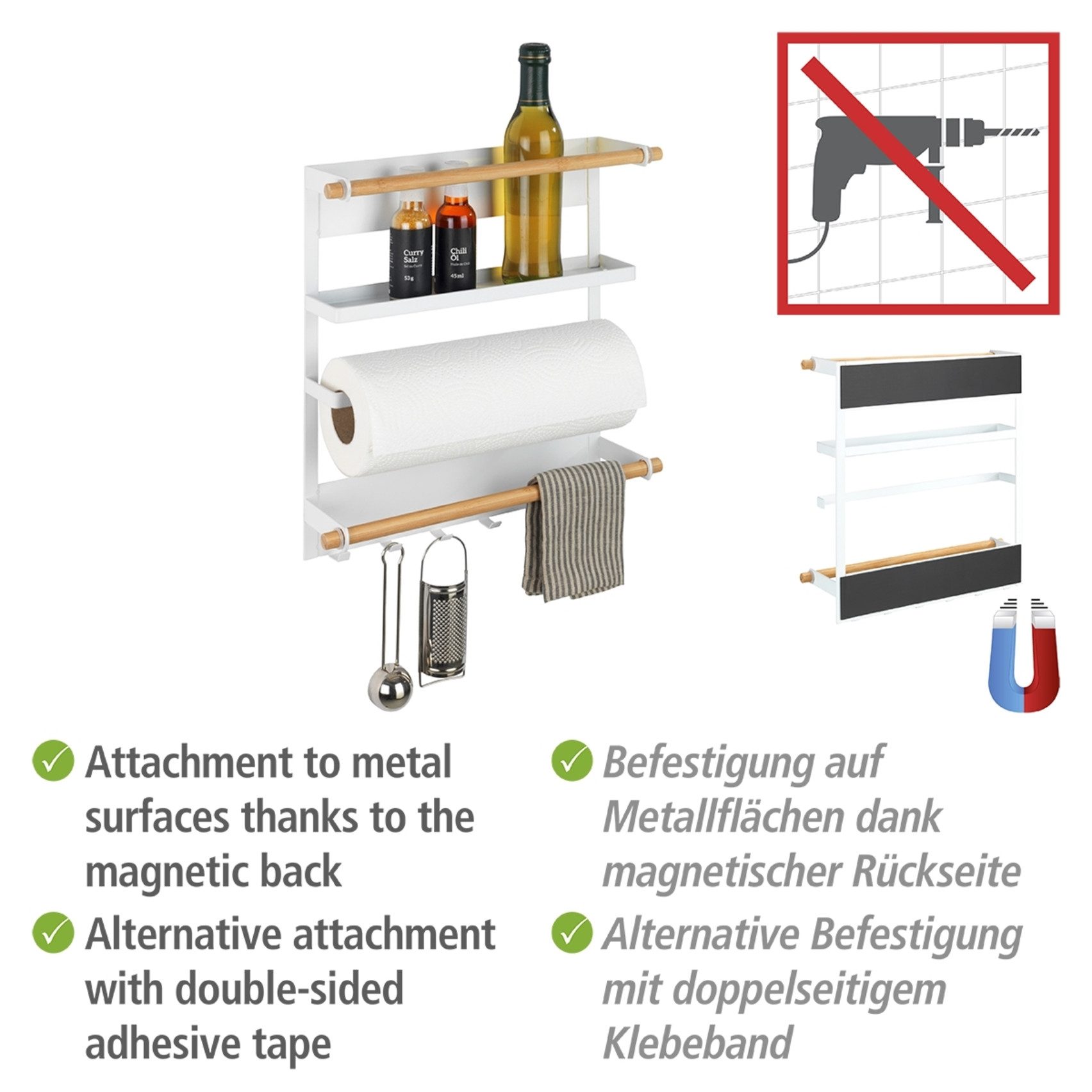WENKO Küchenregal Modell Magna, magnetisches Regal mit Küchenrollenhalterung, Befestigung ohne Bohren