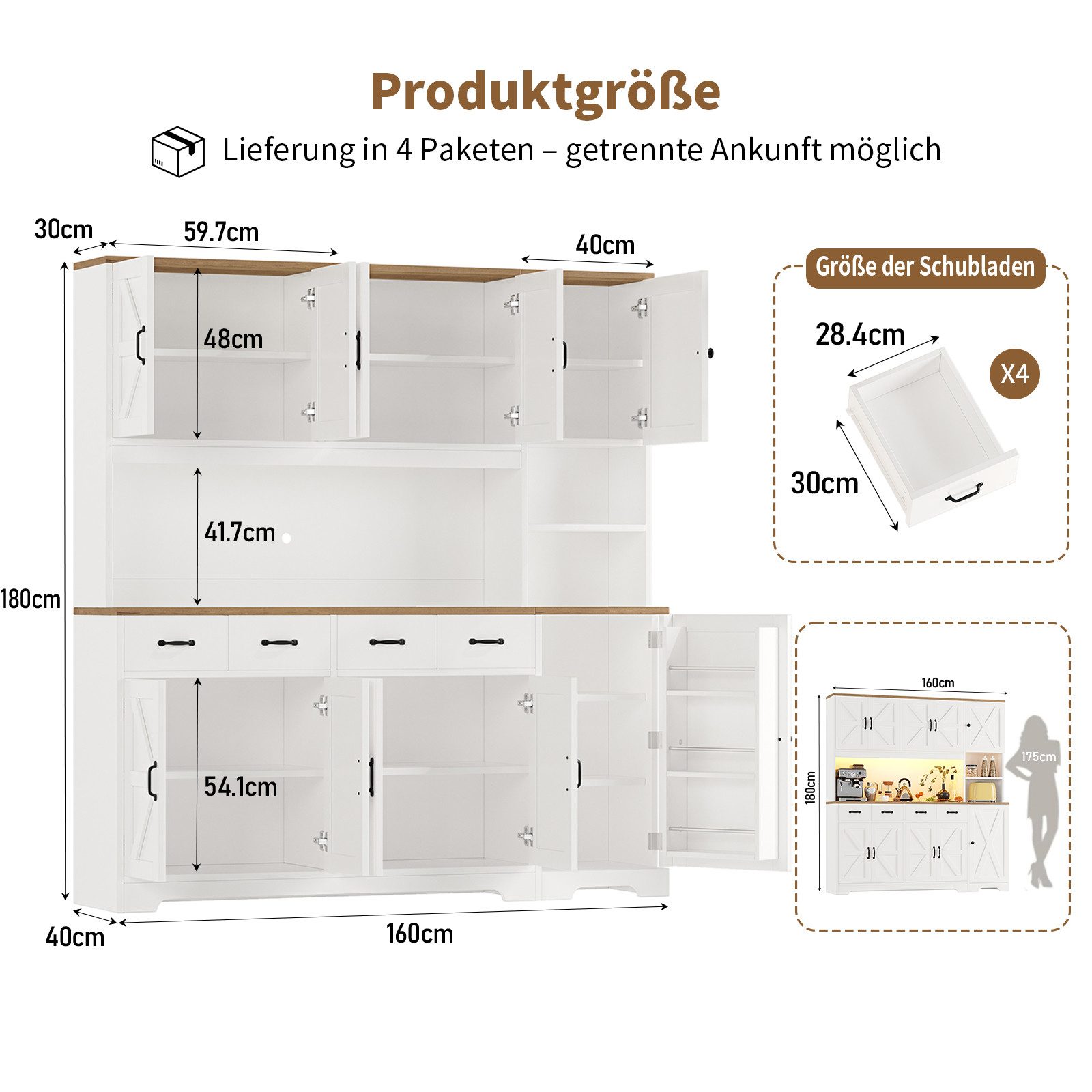 Yanosaku Hochschrank 180cm mit LED & Ladestation, Vorratsschrank mit 4 Schubladen