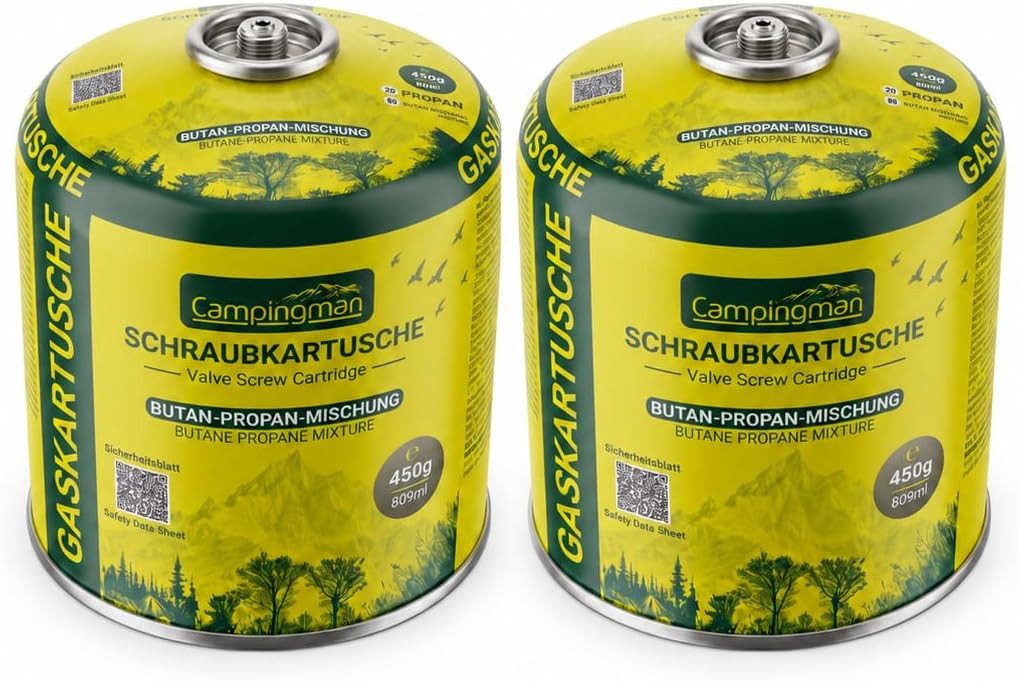 Campingman Gaskartusche 450g Butan-Propan Gas, Zubehör für Campingkocher, Weber Gasgrill, Camping & Outdoor, 2 St., EN417 Schraubkartusche mit Schraubventil