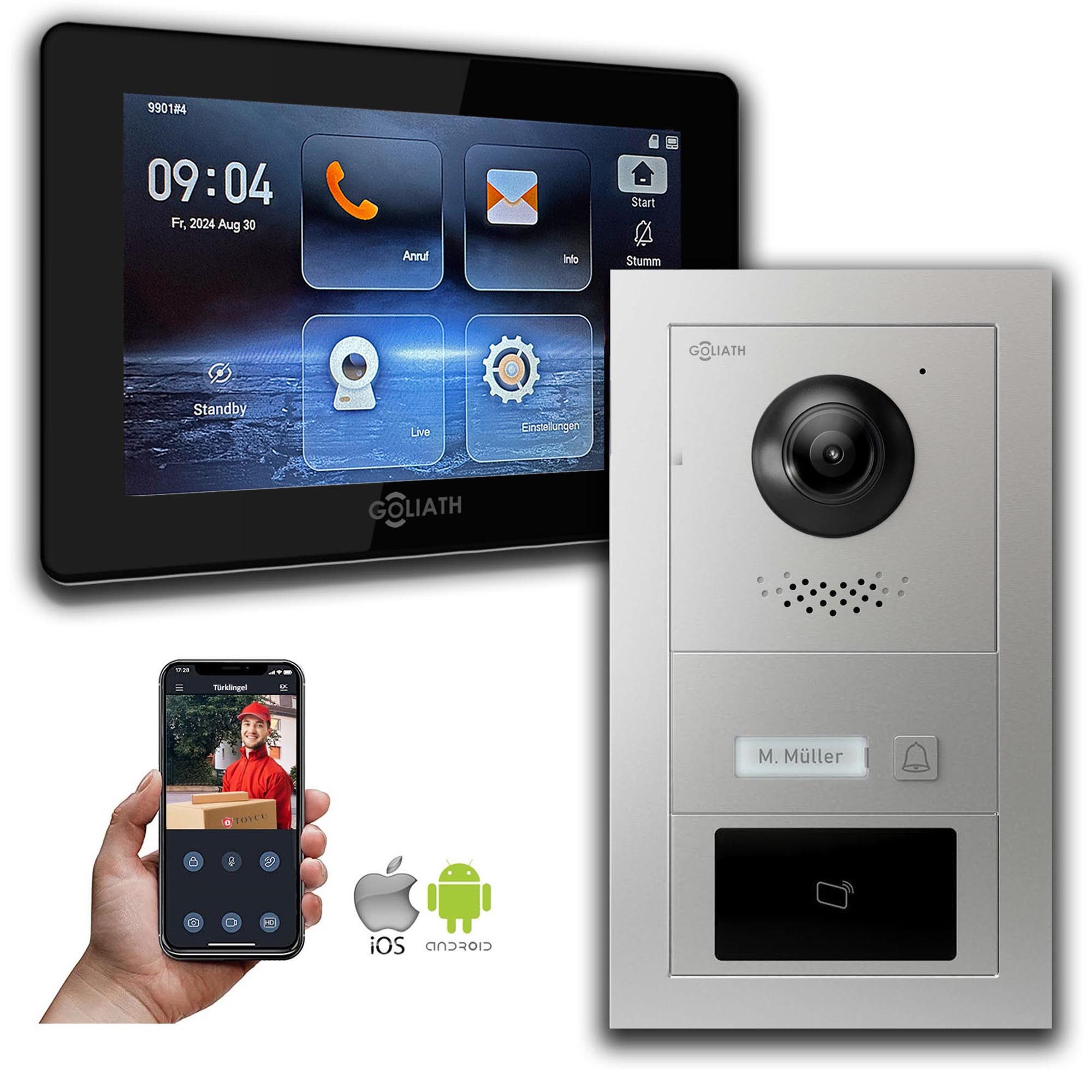 Goliath Intercom Video-Türsprechanlage Goliath IP Video Türsprechanlage mit Kamera 7-Zoll RFID Silber (Privat oder Gewerblich)