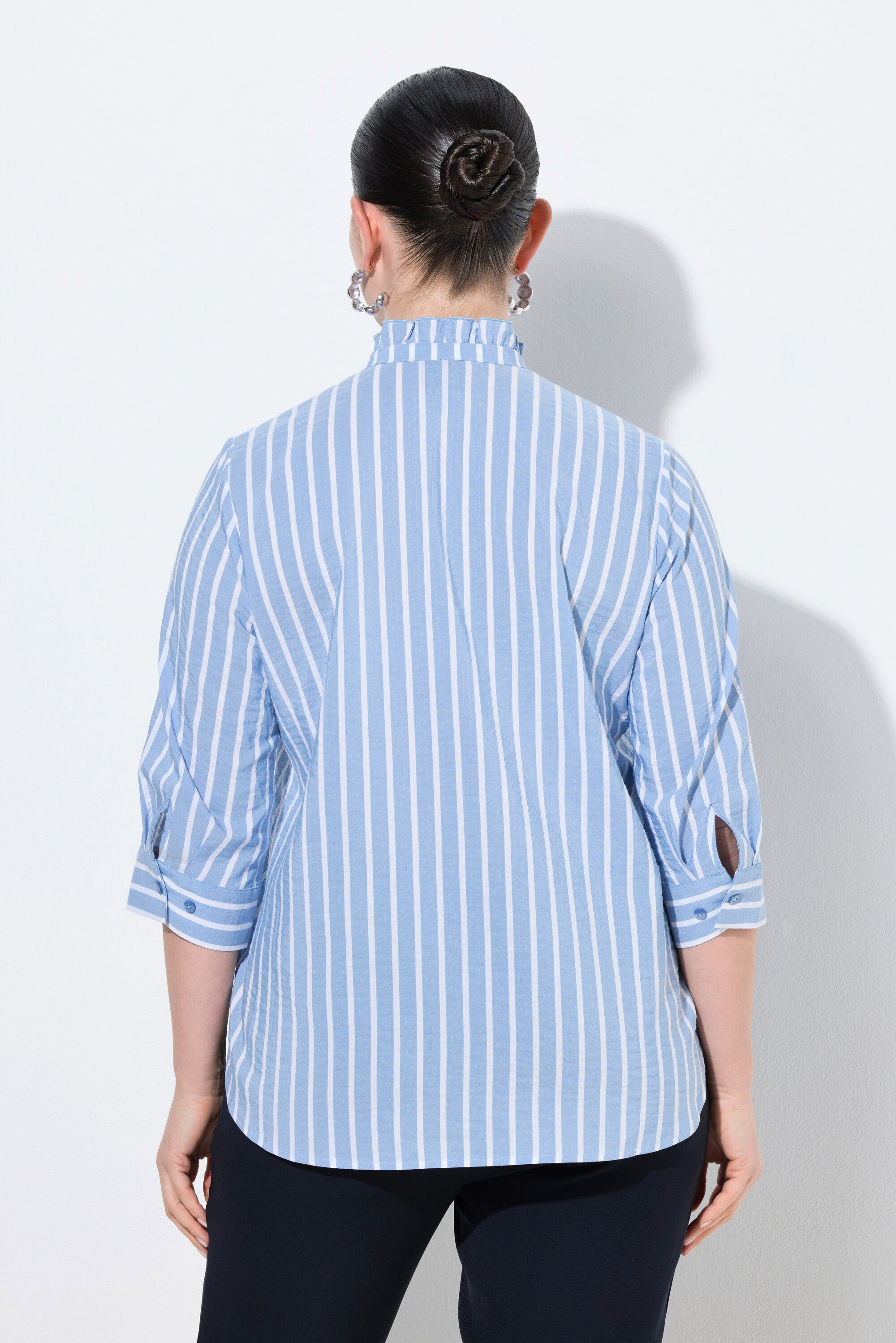 Ulla Popken Rüschenbluse Seersucker-Bluse A-Linie Stehkragen 3/4-Arm