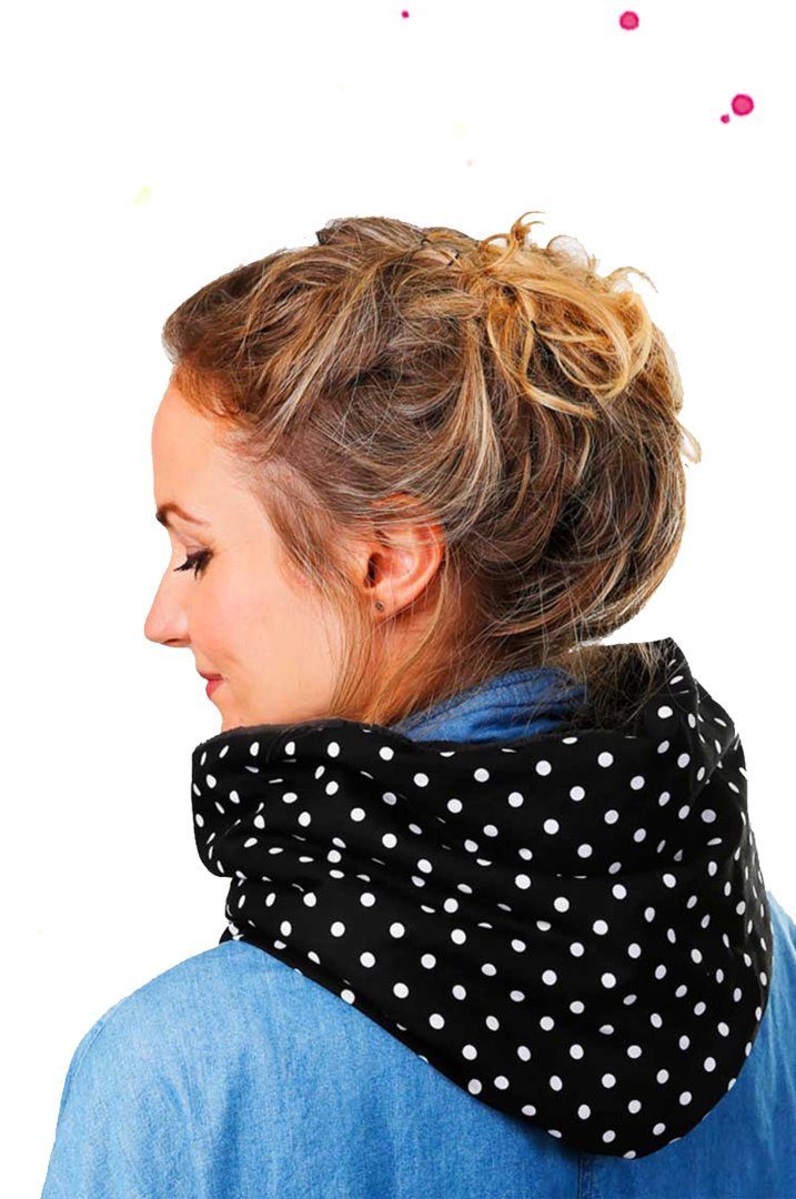 Wishproject® Modetuch Damen Tuch, Schwarz mit Weißen großen Punkten, Loopschal, Vielseitig tragbar, Hergestellt in Deutschland