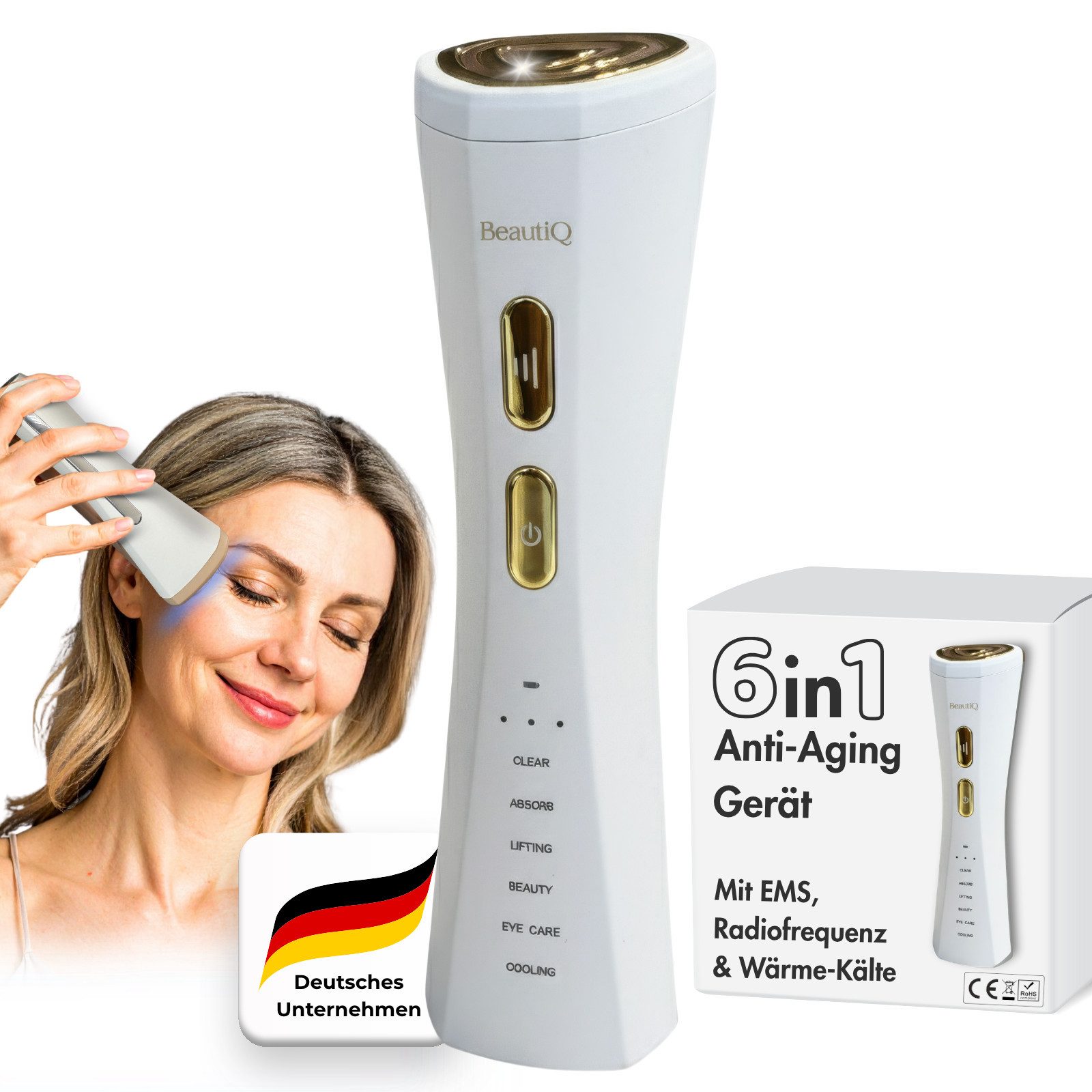 BeautiQ Gesichtsmassagegerät RF Lumèra 6 Funktionen in 1 Gerät für schöne Haut, EMS, Anti-Aging, Full Inclusive Set, Radiofrequenz, Tiefenreinigung, Lifting-Modus, Glow-Boost, Augenpflege, Kühlung