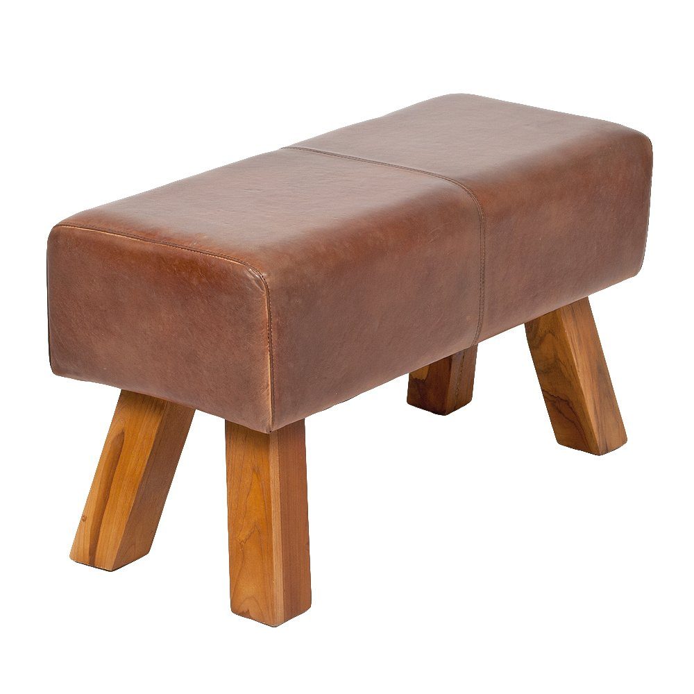 LebensWohnArt Sitzbank Leder Bank MAXI-M Cognac ca. L80cm Teak Sitzbank Turnbock