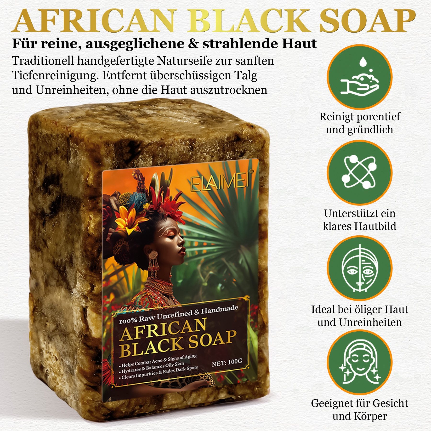 ALIVER Gesichtsseife Naturseife Afrikanische Schwarze Seife Körperseife Haarseife, 3-tlg., Hautpflege, Gesichtsseife, Black Soap, Naturkosmetik