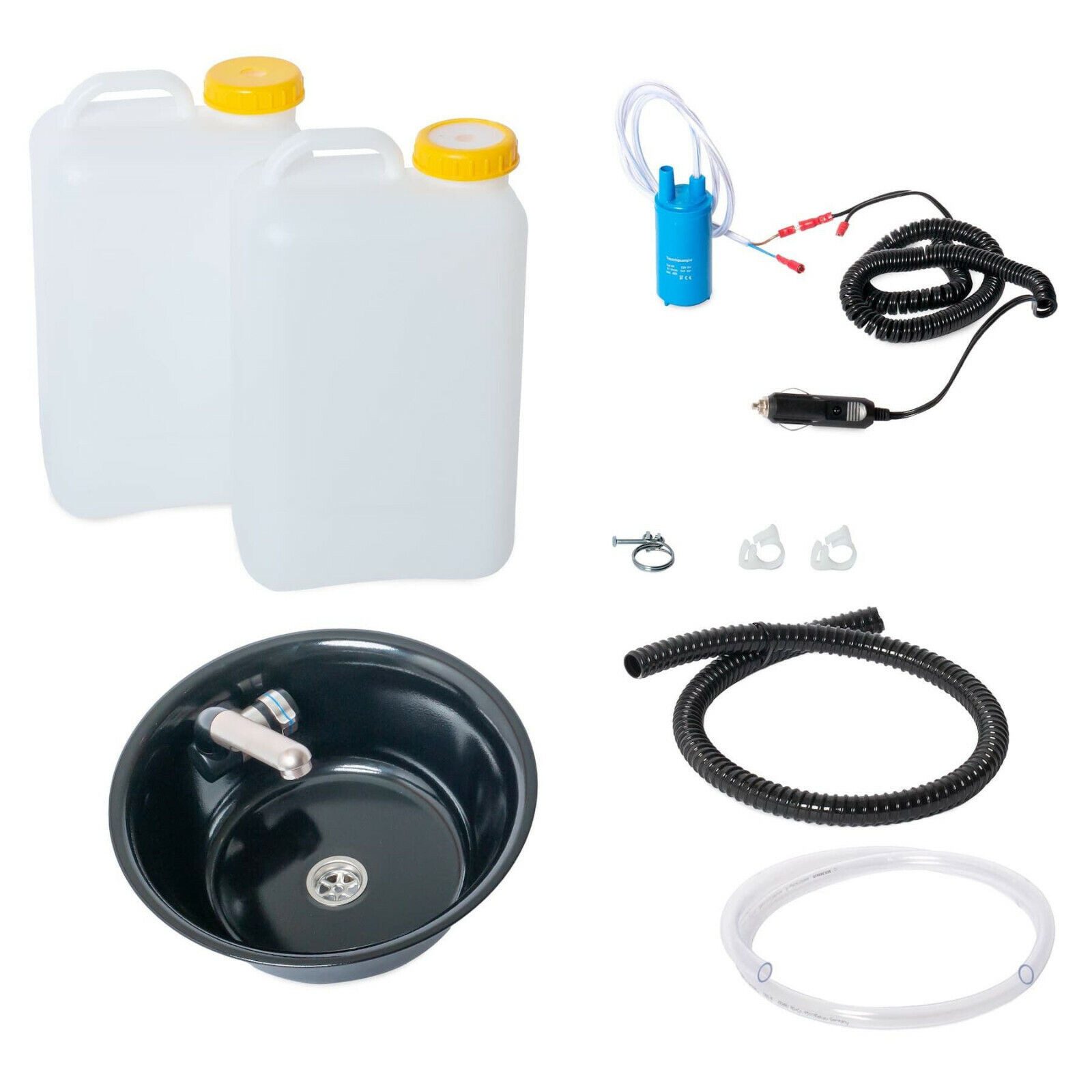 ad-ideen Waschbecken 12V Camping Bausatz 32cm Rund Schwarz+Wasserhahn 19L T4 T5 T6