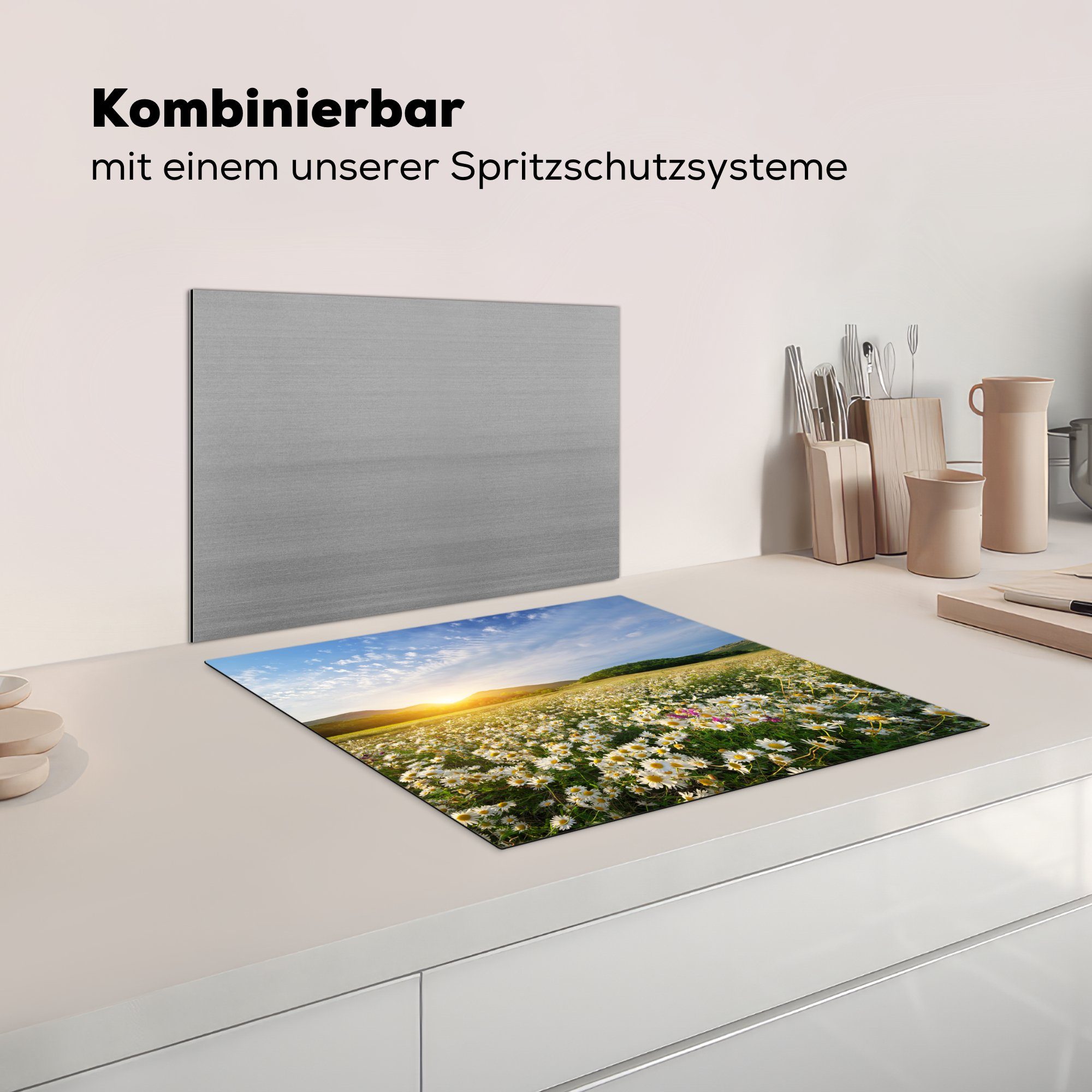 Arbeitsfläche cm, 60x52 Vinyl, tlg), MuchoWow Sonne Frühling, - nutzbar, Mobile Ceranfeldabdeckung Gänseblümchen Herdblende-/Abdeckplatte (1 -