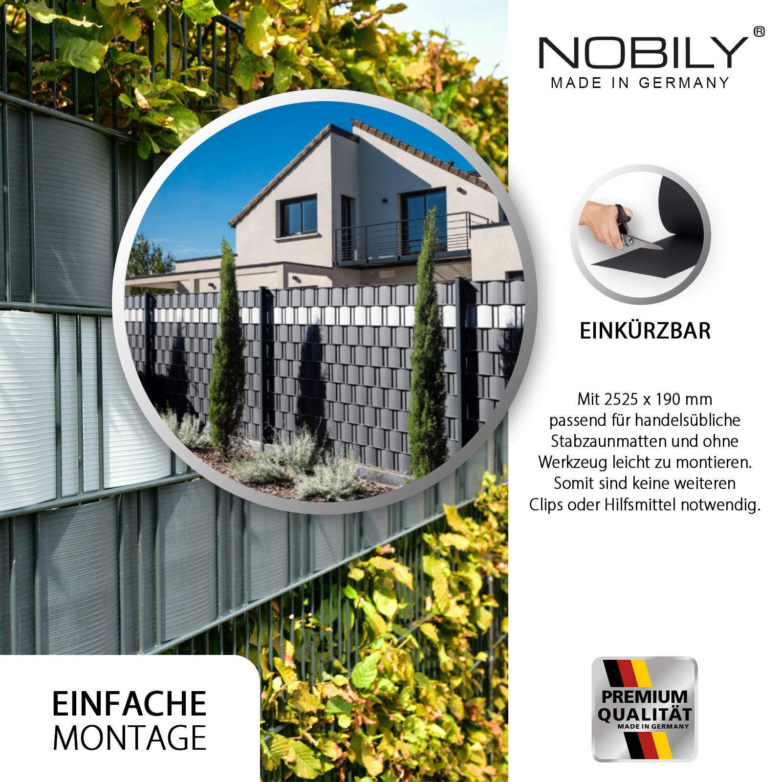 Nobily Sichtschutzstreifen Zaunsichtschutz Premium HART-PVC, keine Folie, (1-St), Streifen in 1-40 Stück, Farbe: Fenstergrau, Moosgrün