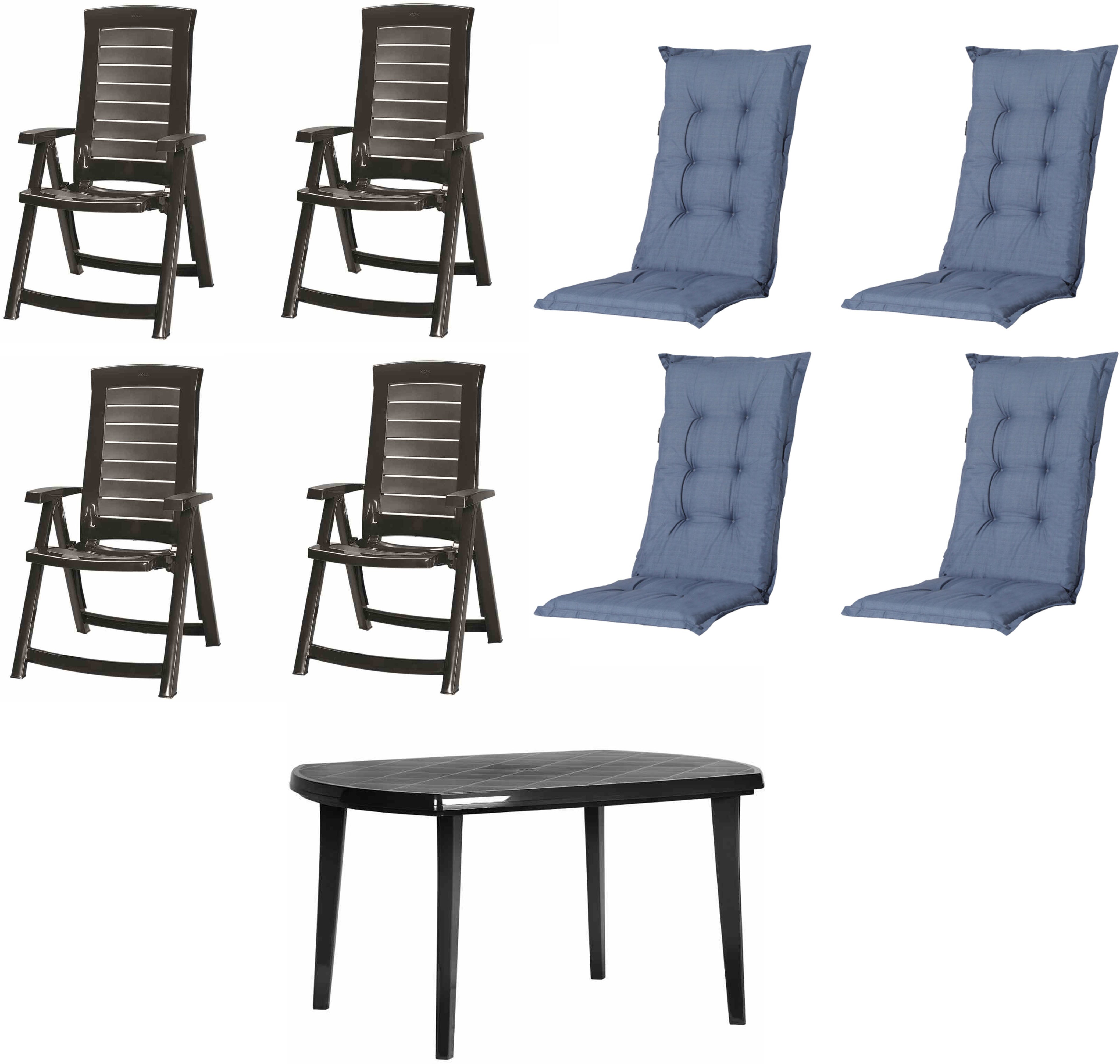 Jardin Garten-Essgruppe Aruba + Elise, (Set, 9-tlg), 4 x Klappsessel graphit, 1 x Tisch graphit, 4 x Auflage kobalt
