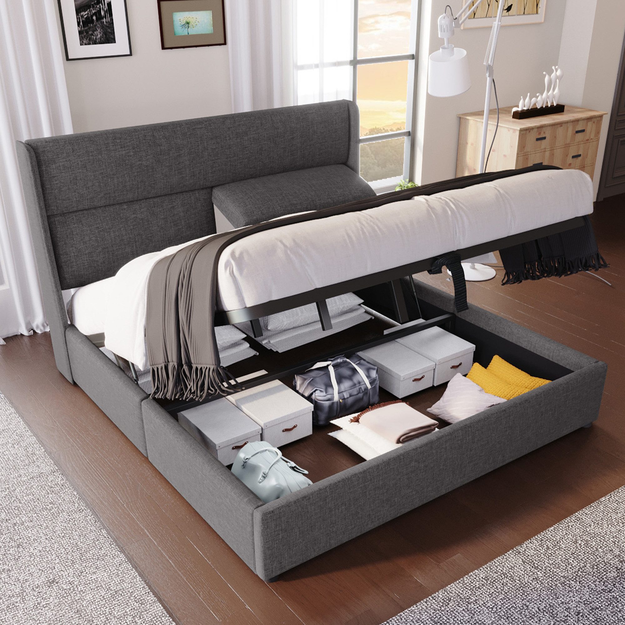 Flieks Polsterbett, Leinen Stauraumbett mit verstellbaren günstig online kaufen