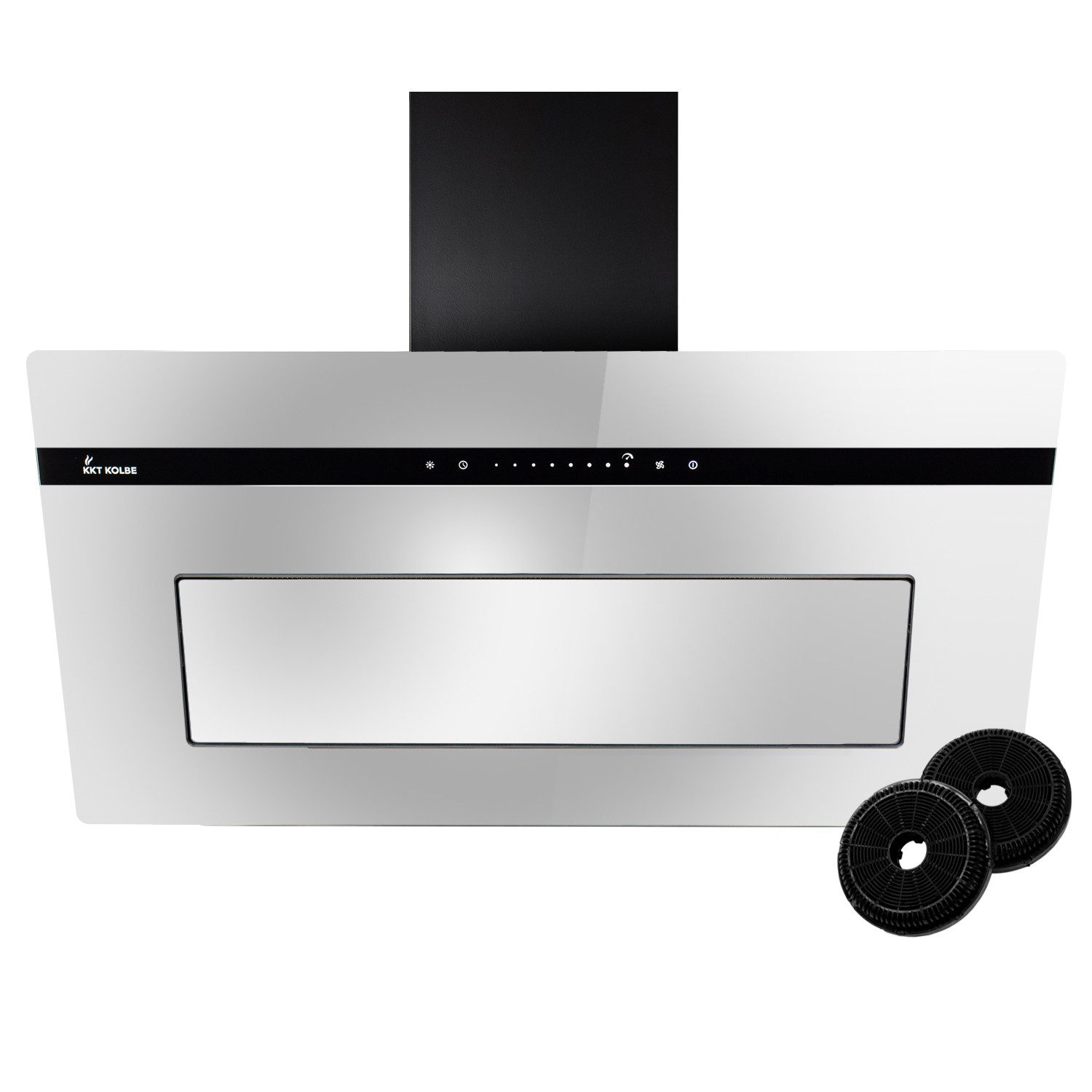 KKT KOLBE Wandhaube Dunstabzugshaube 90cm Spiegel-Design PLOOM9005M RGBW Ambientebeleuchtu Kopffrei / 90cm / Smarte WiFi-App / Schwarz / Glas / Schräghaube