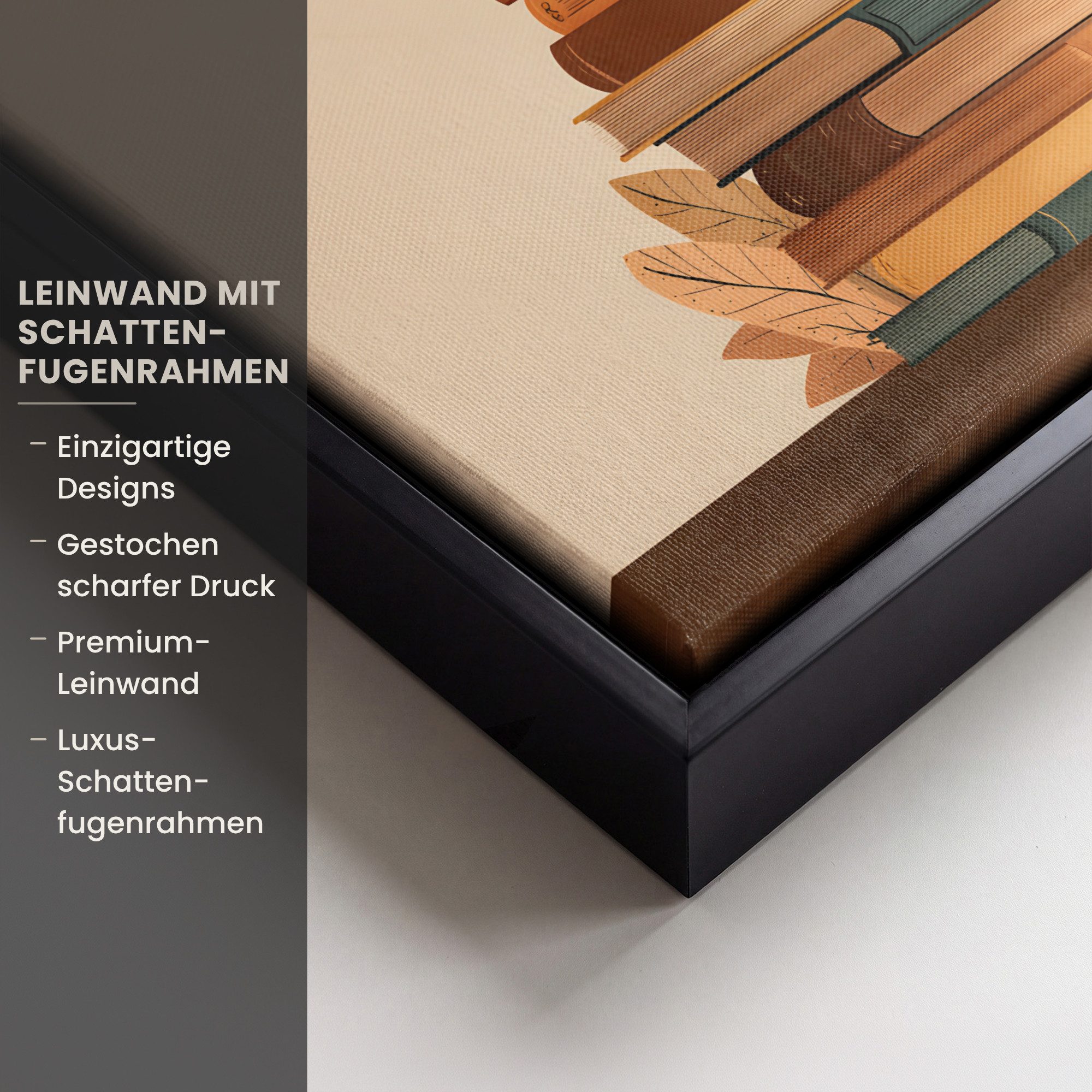 OneMillionCanvasses® Leinwandbild mit Rahmen - Bücher - Turm - Kaffee - Beige, Fotodruck (1 St), Leinwand Bilder Klein, Wand Dekoration Aesthetic 20x20cm – Bild 3 von 5