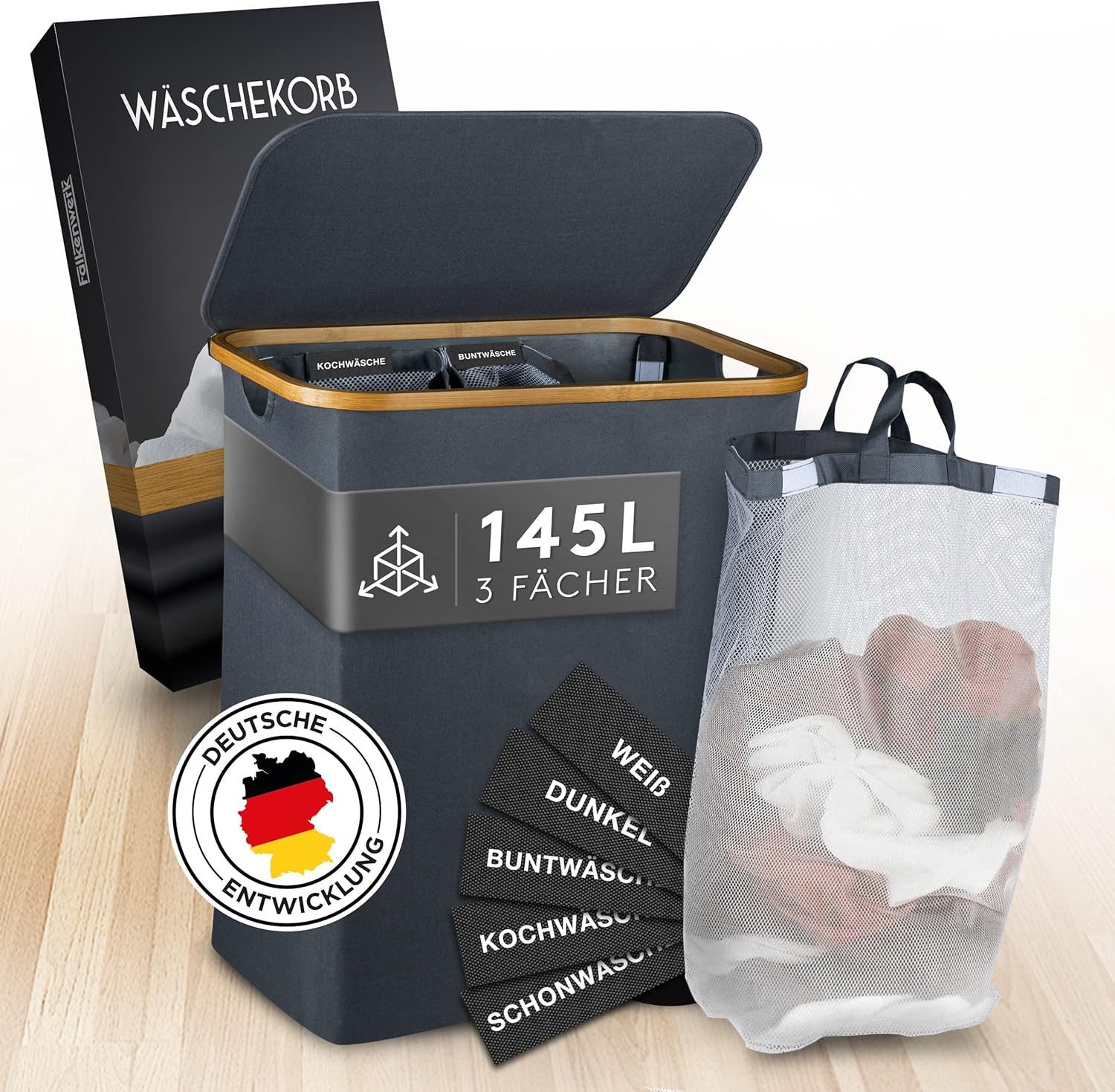 Falkenwerk Wäschekorb 3 Fächer Wäschesammler mit Deckel, wasserabweisend & günstig online kaufen