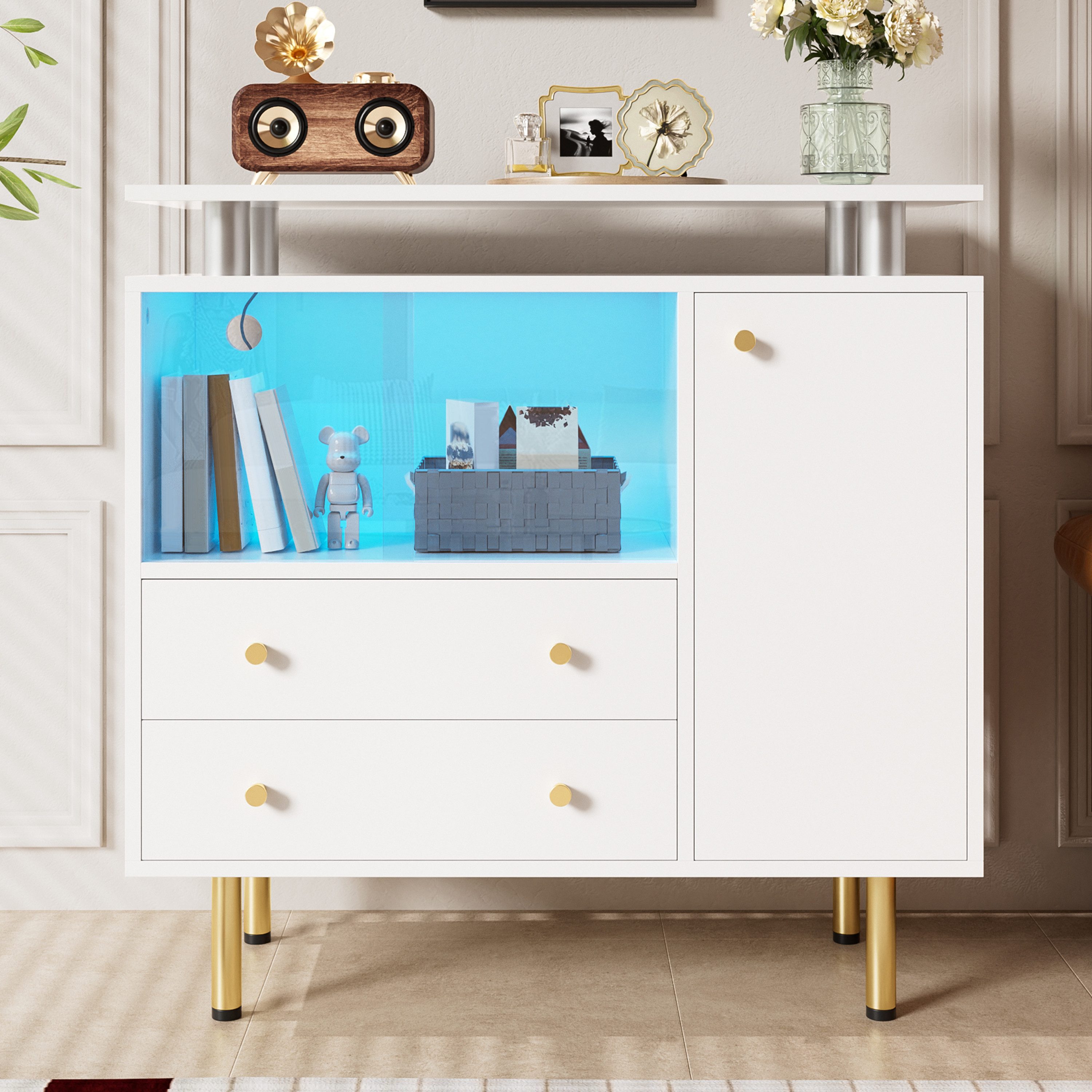 Merax Sideboard mit LED Glasschiebetüren, Moderne Kommode (1 St., Mit 2 Schubladen und Tür, Aufbewahrungsschrank), für Wohnzimmer Flur Esszimmer
