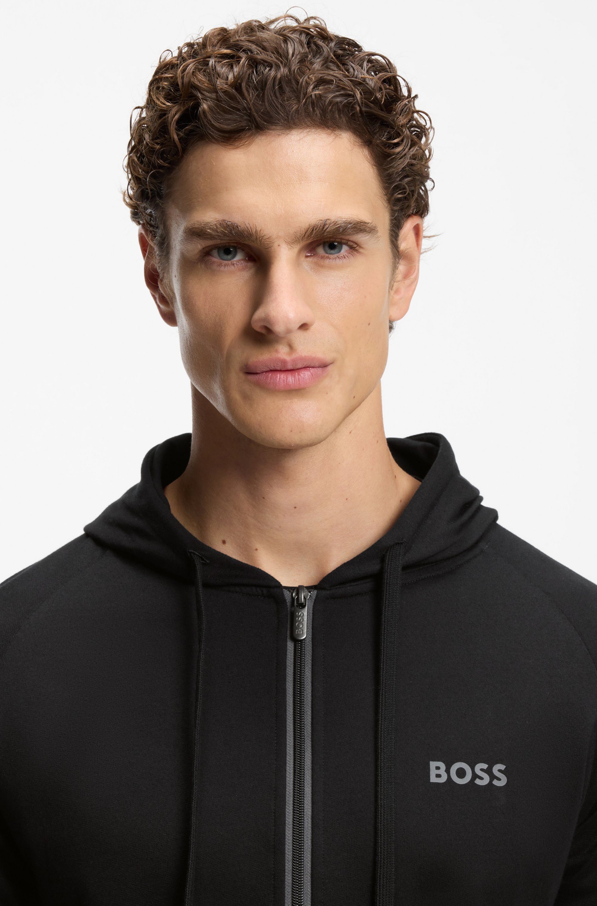 BOSS Kapuzensweatjacke Authentic aus Baumwoll-Terry mit kontrastfarbenem Reißverschluss